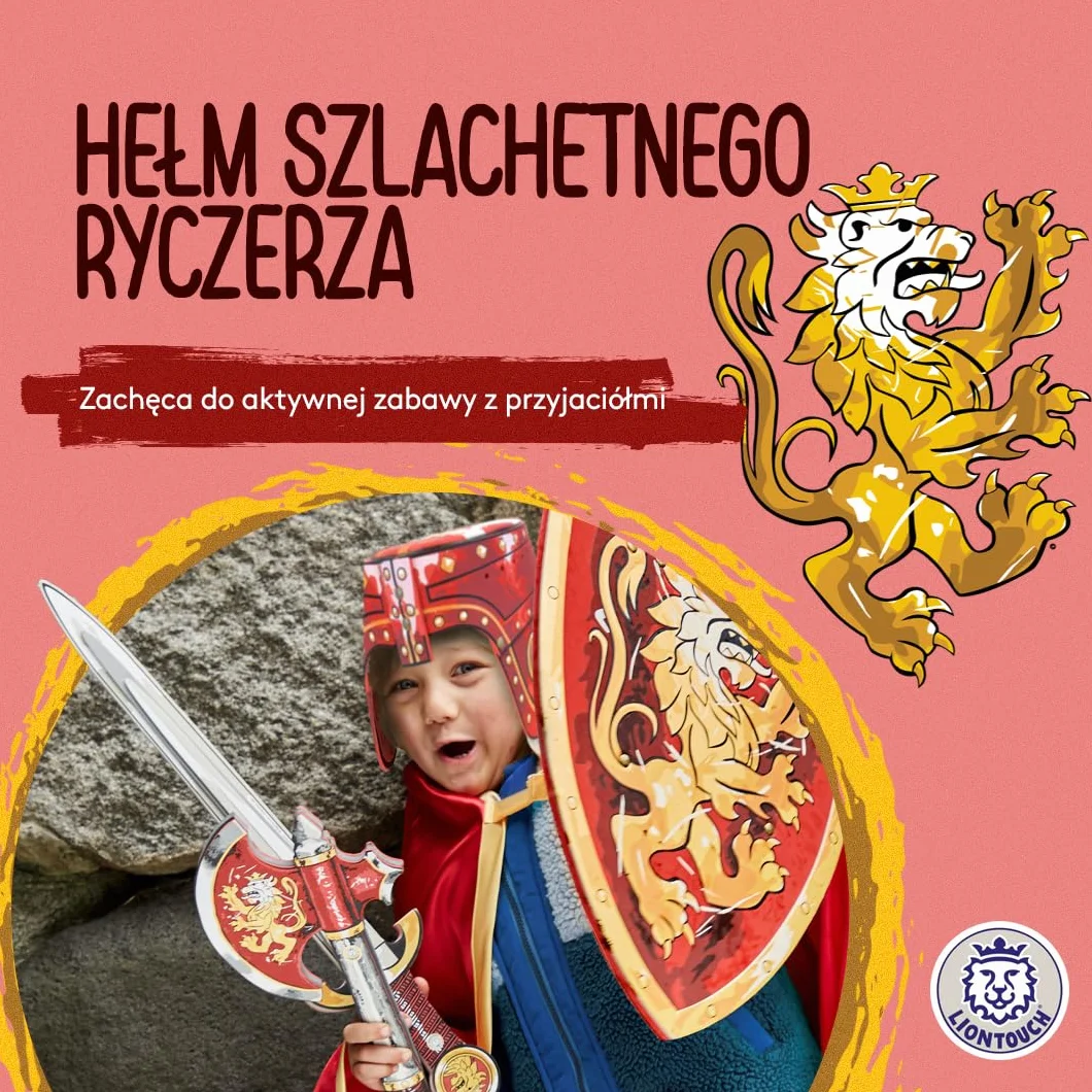 Liontouch Szlachetny kask rycerski, czerwony, średniowieczna zabawka do zabawy w formie pianki dla dzieci ze złotym lwem, trwała i bezpieczna zbroja, akcesorium do przebrania i kostiumów rycerza dla