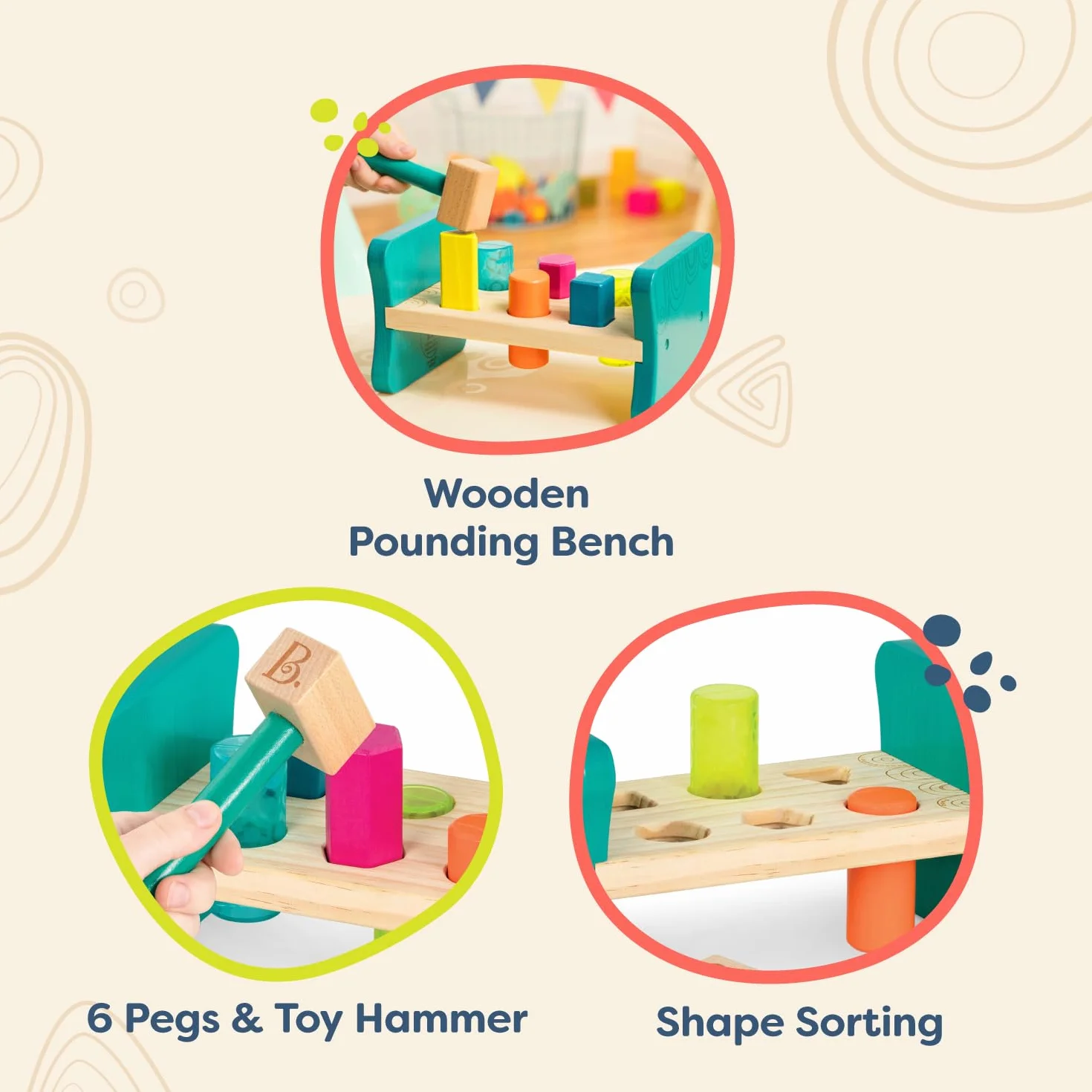 B. toys by Battat BX1762Z drewniana ławka do wbijania - 6 śledzi i młotek zabawkowy - zabawka do sortowania kształtów dla małych dzieci, dzieci - kolorowy funt i zabawa - 2 lata +
