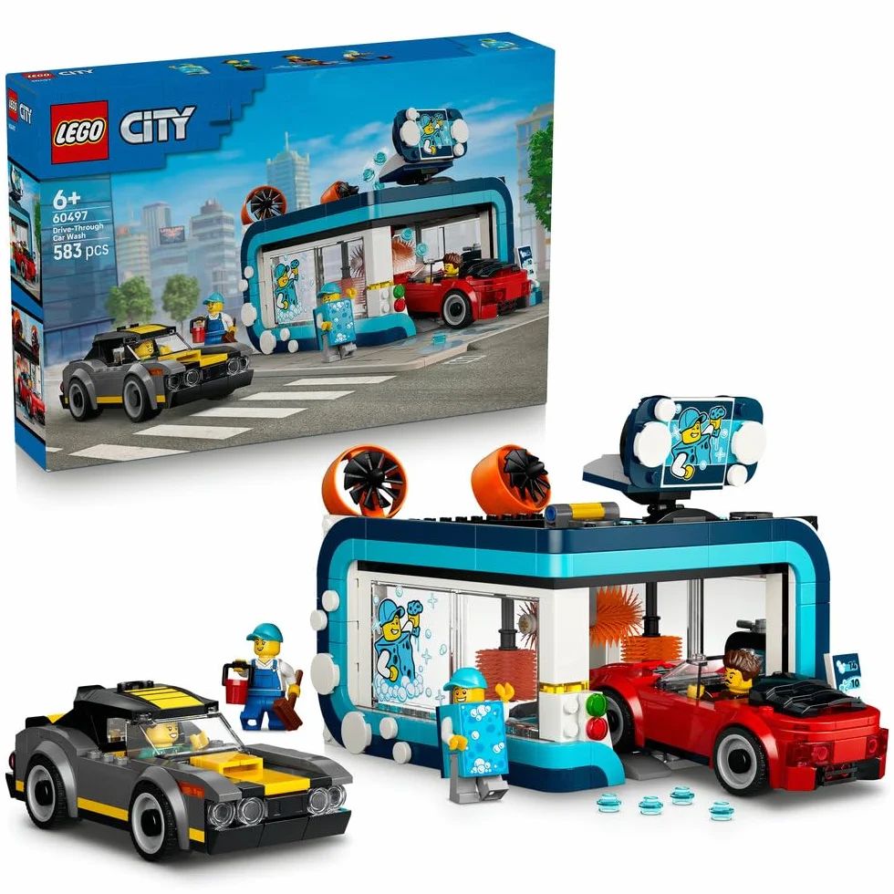 LEGO City Automatyczna myjnia samochodowa, zabawka konstrukcyjna dla dziecka, zestaw z 2 samochodami, pomysł na prezent dla chłopca lub dziewczynki od 6 lat 60497