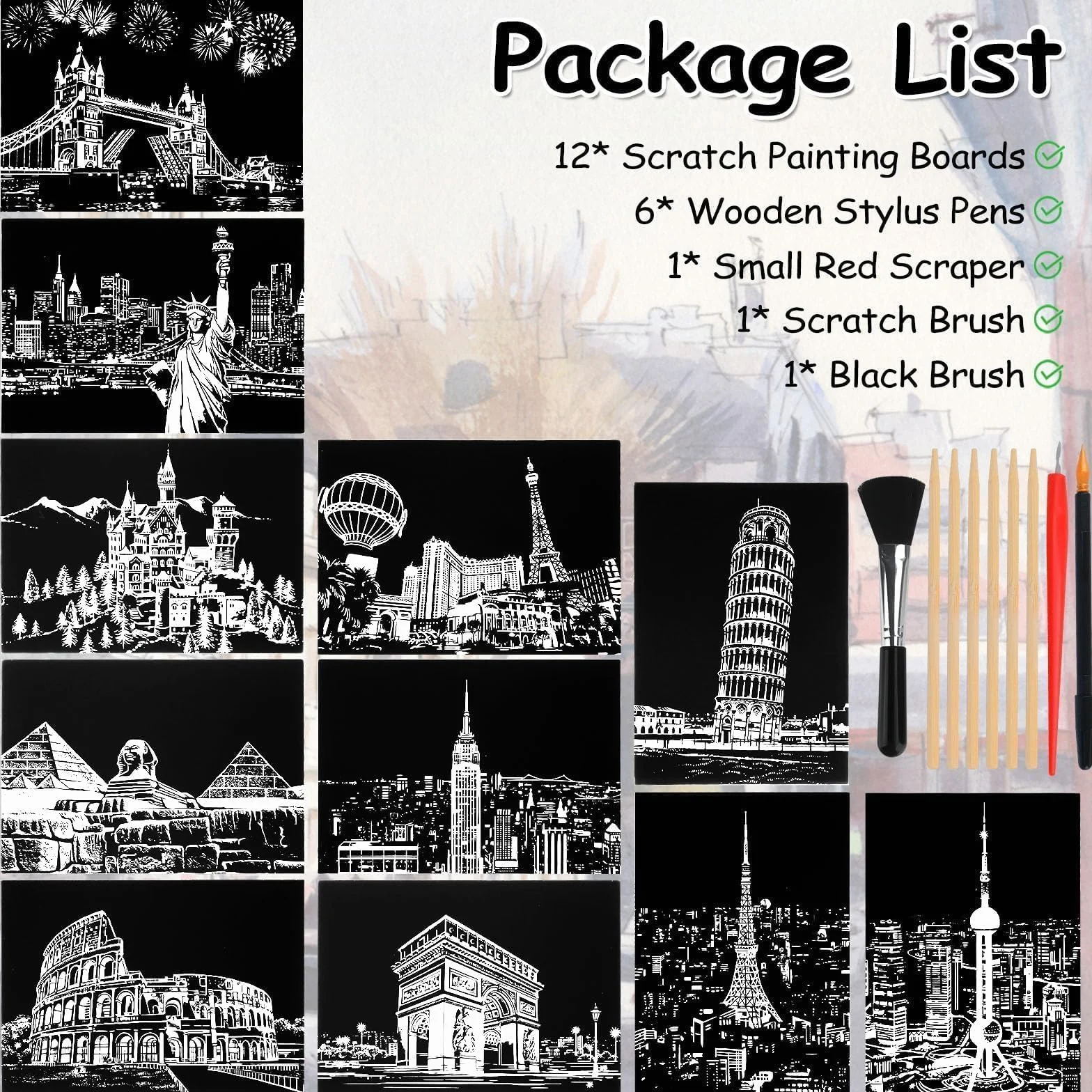 Muyohix 12 sztuk sztuki drapania, papier artystyczny do zdrapywania i szkic A5 dla dzieci i dorosłych, sztuka z serii City Scratchboard Art, karta do zdrapania, kreatywne hobby dla dzieci (z 9
