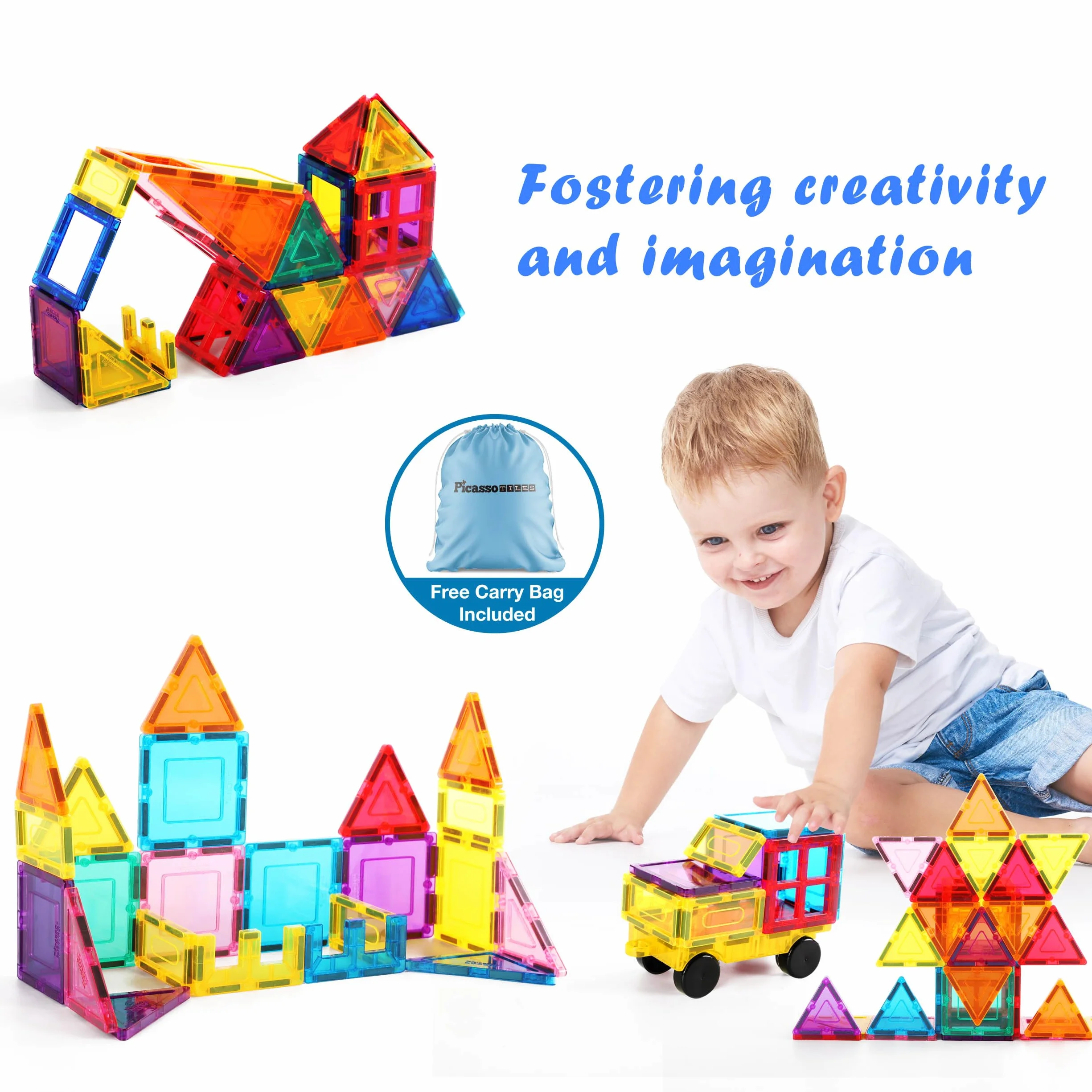 PicassoTiles Magnetyczne klocki z podstawą samochodową, torba do przechowywania ze sznurkiem, torba podróżna, torba do noszenia, klocki magnetyczne, zabawka konstrukcyjna, zestaw edukacyjny STEM