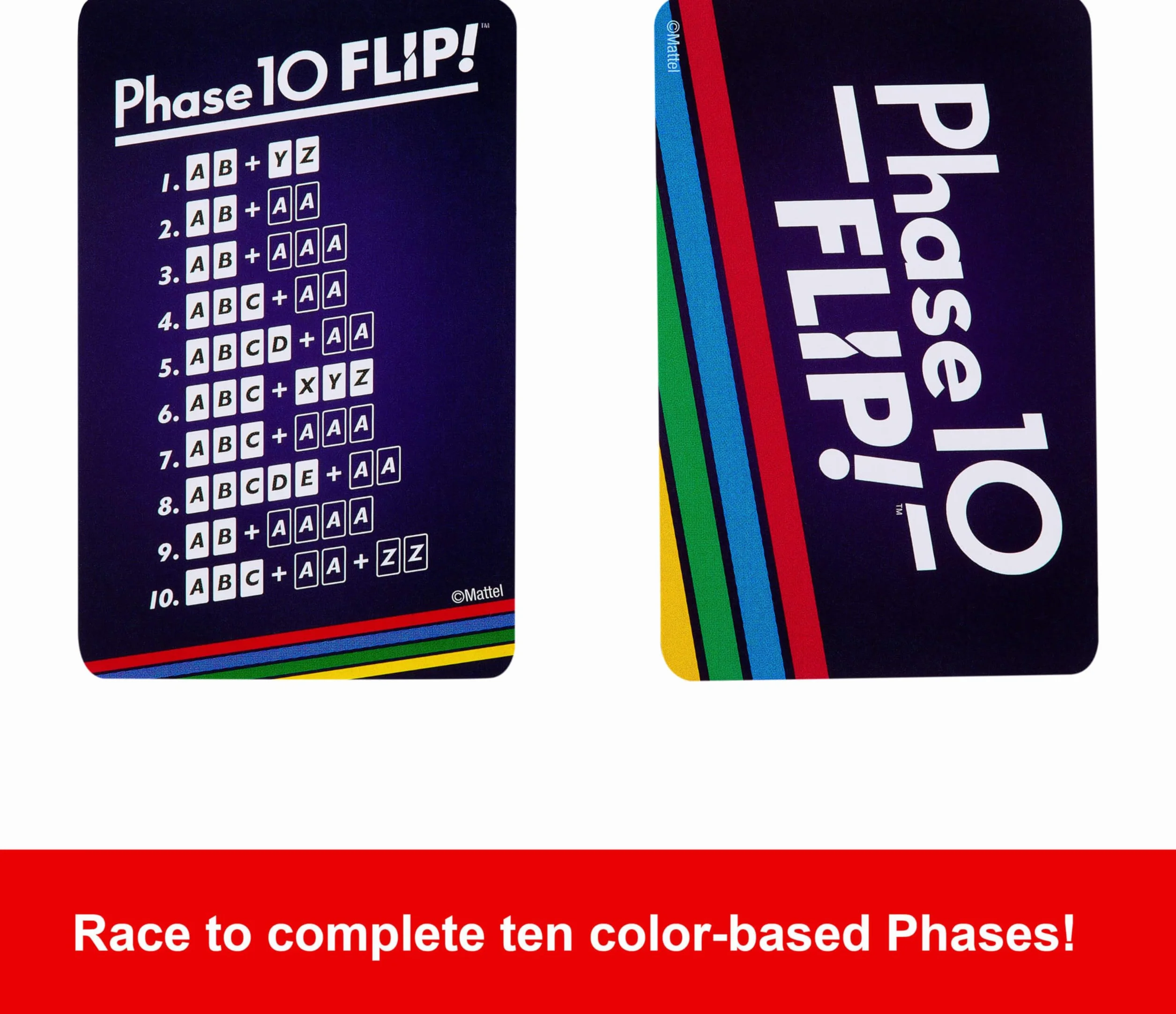 Mattel Games Gra karciana Phase 10 Flip, gra karciana dla całej rodziny z kartami drukowanymi po obu stronach, ze specjalnymi kolorowymi fazami dla 2 do 6 graczy, HYN12