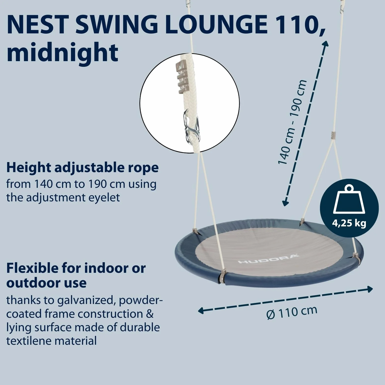 HUDORA Huśtawka gniazdowa Lounge 110 cm, dla dzieci i dorosłych, do użytku na zewnątrz i wewnątrz – huśtawka wisząca do ogrodu, obciążenie 150 kg, kolor Midnight