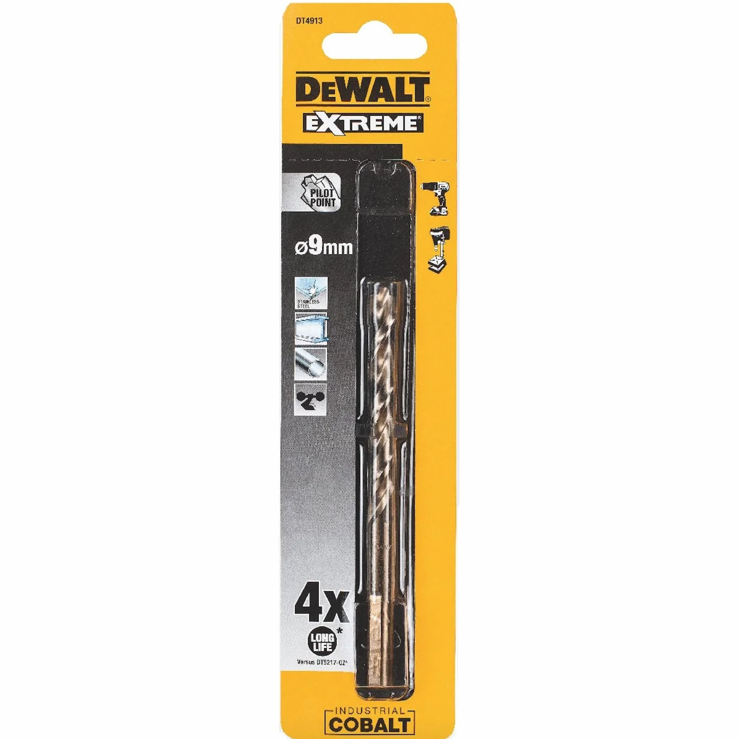 Dewalt DT4913-QZ wiertło do metalu Extreme HSS-Co (9 x 125 x 78 mm, do stosowania w stalach wysokostopowych do 1100 N/mm², wytrzymałość na rozciąganie, żeliwo szare i ciągliwe, stal odporna na kwasy i