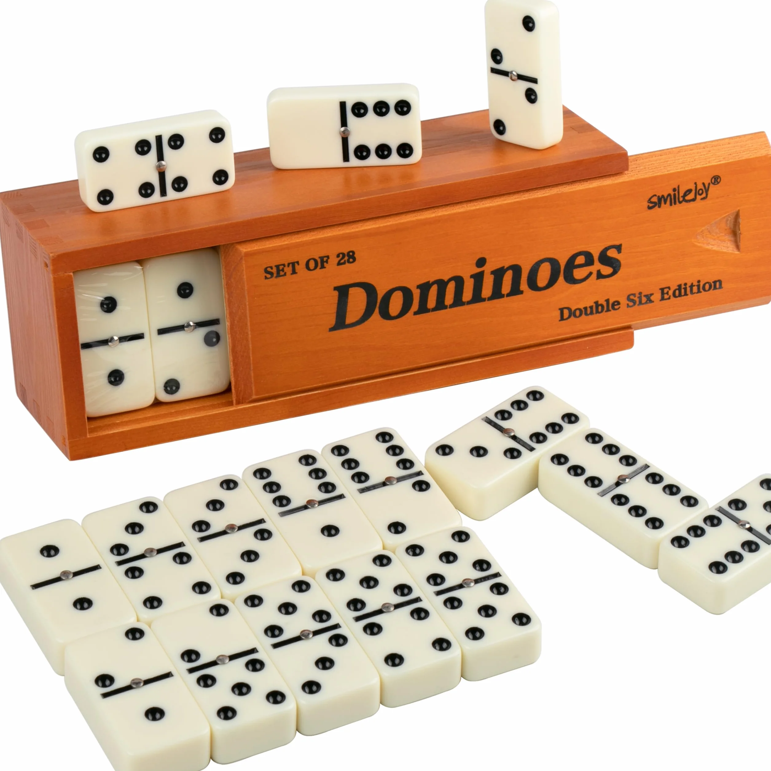 Smilejoy Zestaw domino dla dorosłych, zestaw domino w rozmiarze Jumbo do klasycznych gier planszowych, duży rozmiar podwójny, 6 domino, zestaw 28 sztuk, z brązowym drewnianym pudełkiem Deluex (2-4