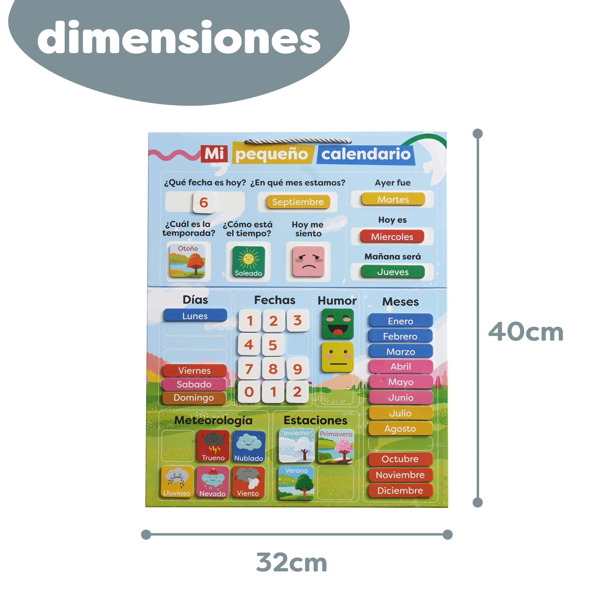 Chuckle Kalendarz magnetyczny dla dzieci ze stacjami, datami i czasem (po hiszpańsku) - 40x32 cm - Zabawna gra edukacyjna dla dzieci w wieku 4-10 lat