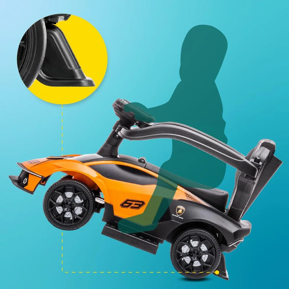 sun baby Jeździk pchacz dla dzieci Lamborghini Essenza SCV12, efekty dźwiękowe, schowek, pchacz sterujący kierownicą, wysuwane podparcie na stopy (Pomarańczowy)