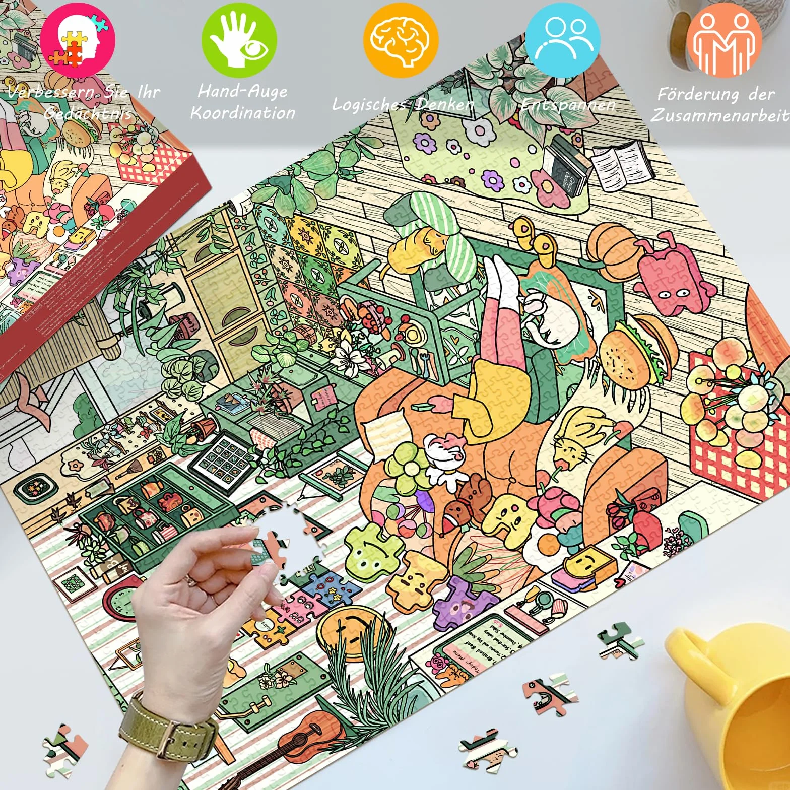 HUADADA Puzzle 1000 elementów, 1000 elementów, dla dorosłych, interaktywne puzzle rodzinne, klasyczne, na prezent, przytulny, mały świat