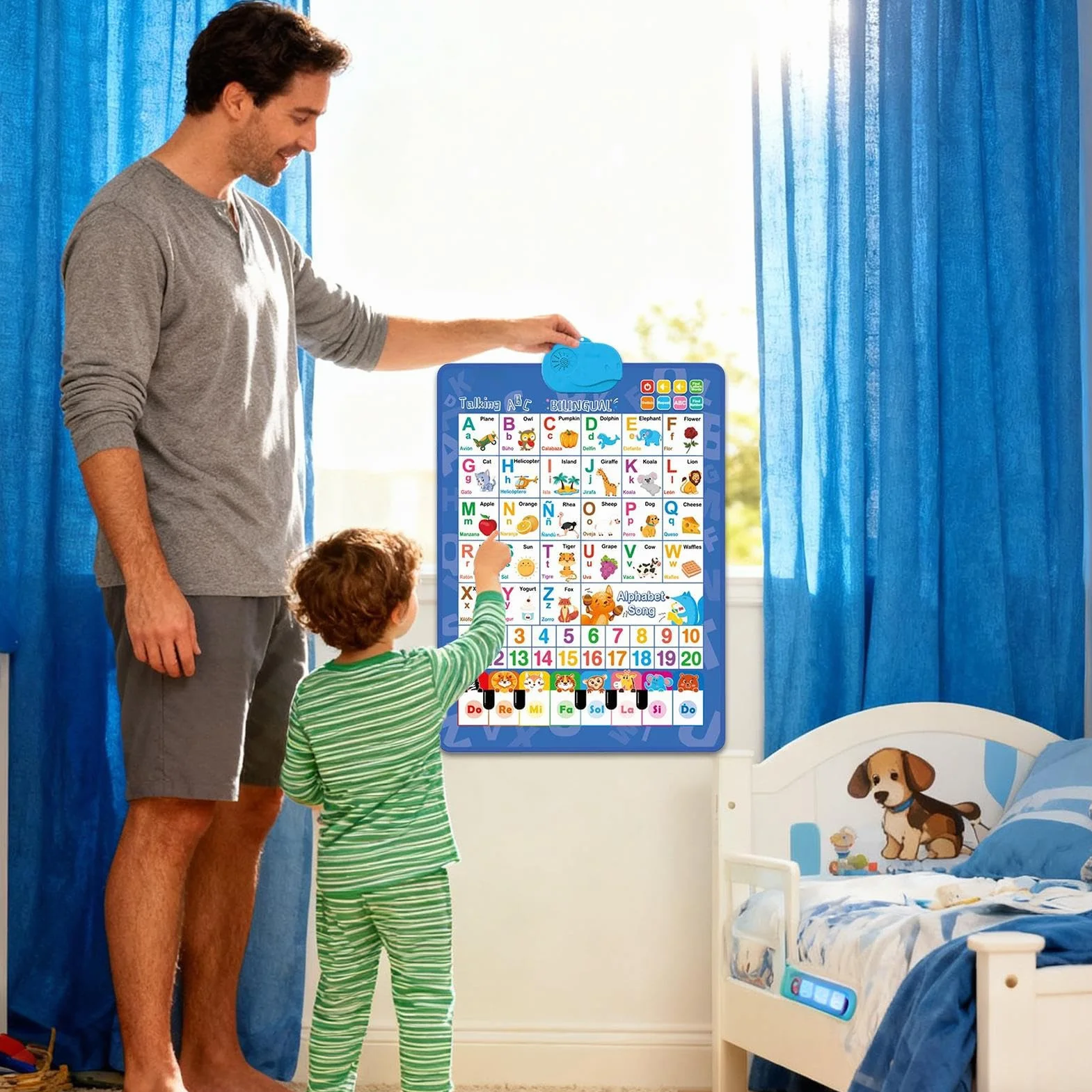 Alphabet Wall Chart, Talking Bilingual Interactive Poster, Spanish and English Music Learning Toy for Kids Ages 3-8, Classroom, Preschool, Language Development