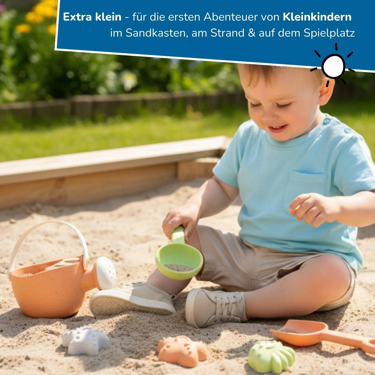 alldoro 60176 Moja pierwsza zabawka do piasku, 7-częściowa, zabawka plażowa z konewką, szufla, grabie, łyżka i 3 foremki do piasku, zestaw wiaderek z 7 elementami z mieszanki słomy pszenicznej, dzieci od 18 miesięcy