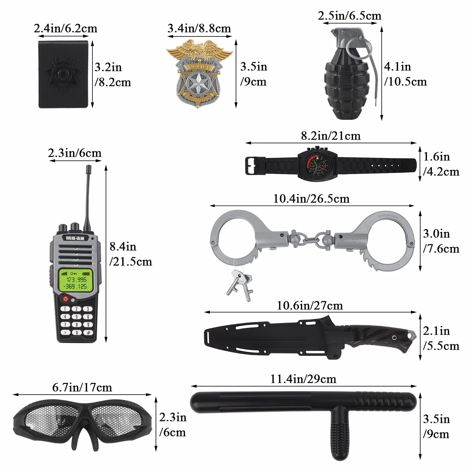 deAO przebranie policjanta, kostium policjanta dla dzieci z kamizelką, kaskiem, kajdankami, okularami, walkie-talkie itd., 18 szt. akcesoriów policyjnych