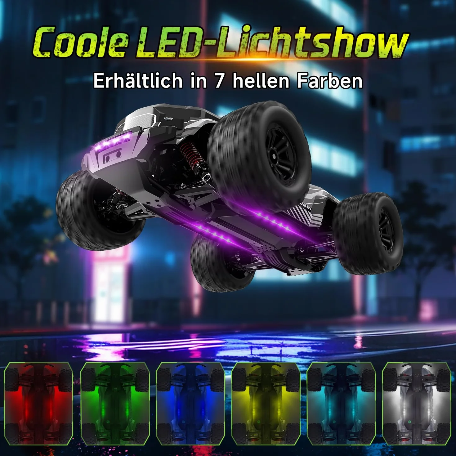 Zdalnie sterowany samochód, 1/14 RC samochód z 7 kolorami światła, 40 km/h, monstertruck Rc Truck, 2,4 GHz Rc Auto Offroad z dwoma bateriami, 4WD wodoszczelny RTR All Terrain, RC Buggy dla dzieci i