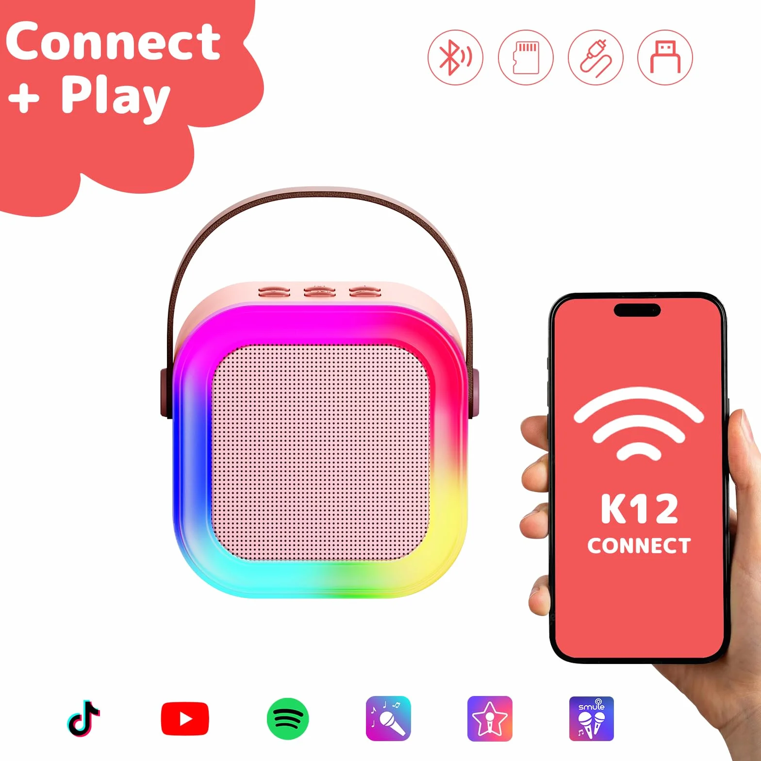 Fede Maszyna do karaoke dla dzieci i dorosłych, mini maszyna do karaoke z 2 mikrofonami bezprzewodowymi, przenośny głośnik Bluetooth z efektami zmiany głosu i światłami LED, najlepsze prezenty zabawki
