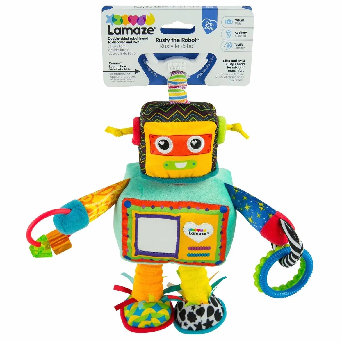 LAMAZE Rusty the Robot, klips na wózek dziecięcy i wózek dziecięcy, zabawka sensoryczna dla niemowląt, chłopców i dziewcząt od 0 do 6 miesięcy