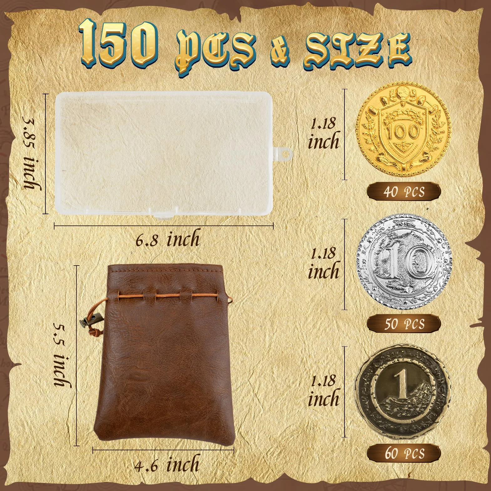 Byhoo 150 metalowych monet DND, 1,2", złote, srebrne, miedziane, o wartości nominalnej, do gry planszowej i RPG, Fantasy metalowe monety dla piratów, do zabawy, na imprezę, cosplay