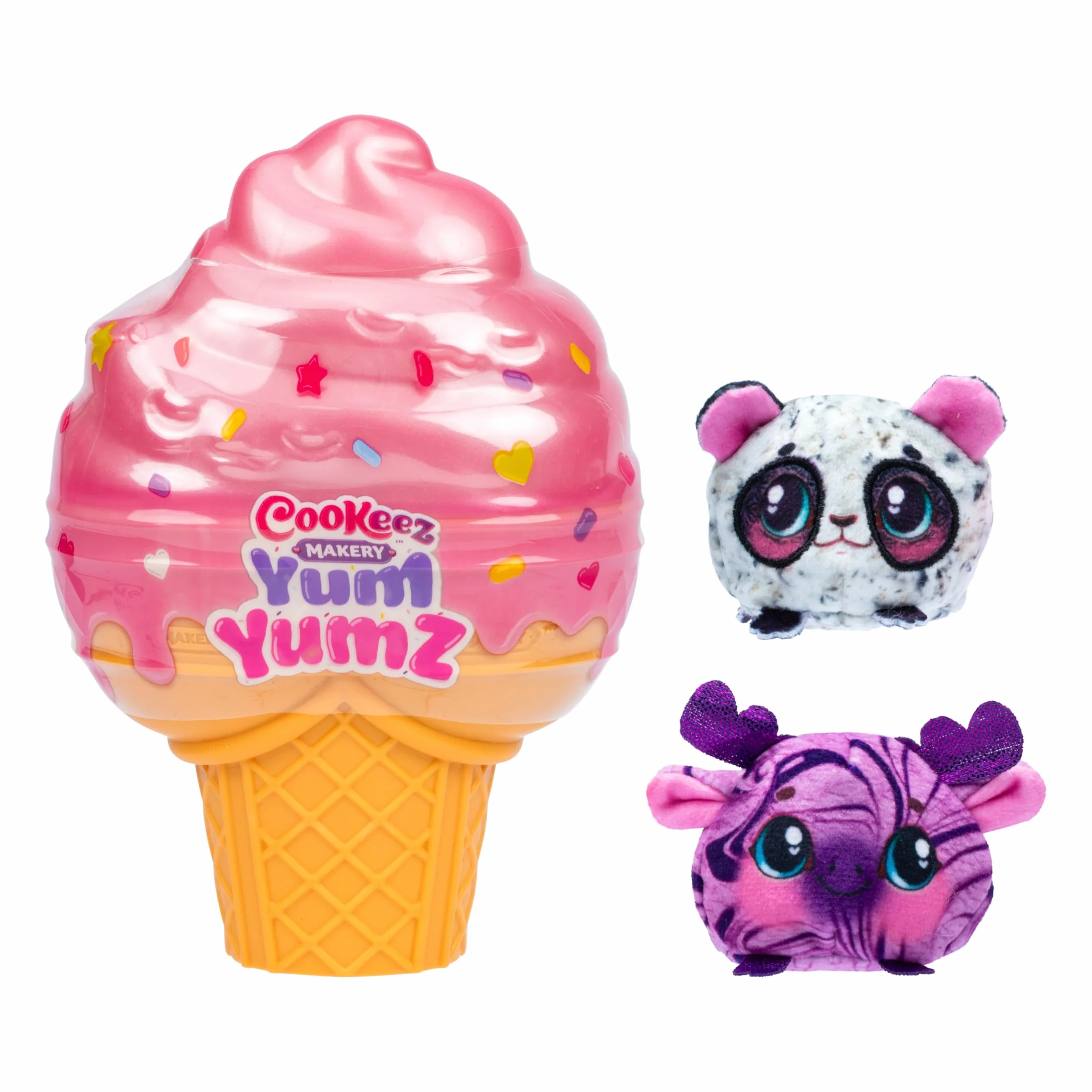 Cookeez Makery Yum Yumz Twin Pack, pełen zabawy i pełen mniamu! Dodaj składniki i odkryj 2 super urocze pachnące pluszowe zwierzaki w rożku do lodów, które możesz spersonalizować, ponad 30 do zebrania