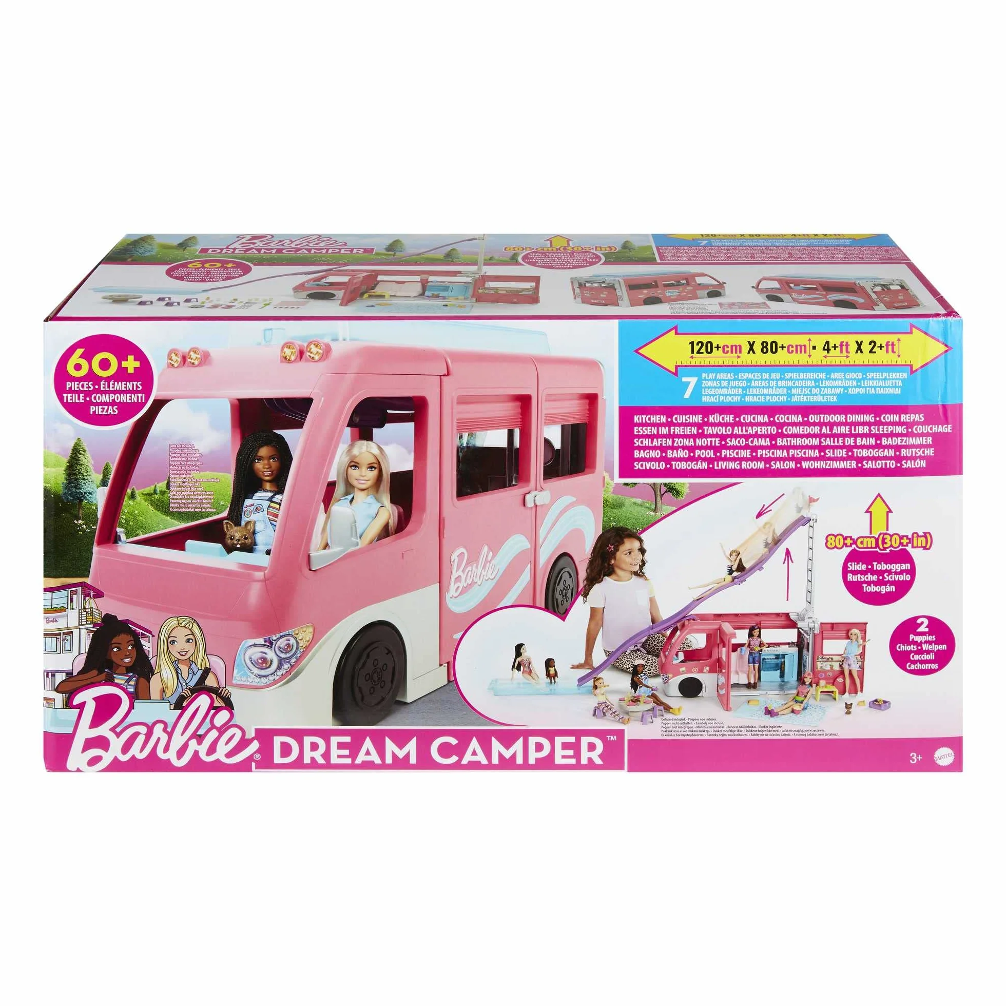 Barbie Dreamcamper Zestaw z kamperem z obracającymi się kółkami, 7 obszarami zabawy, basenem, zjeżdżalnią i ponad 60 akcesoriami kempingowymi, prezent dla dzieci od 3 roku życia, HCD46