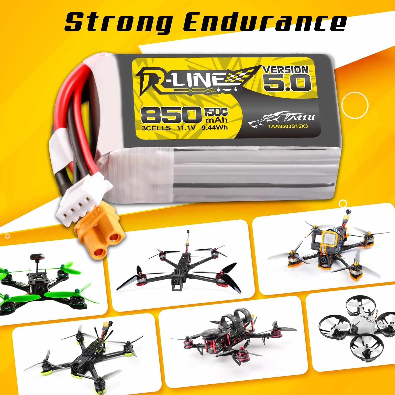 TATTU 3S Lipo akumulator 850 mAh 11,1 V 150C 3S1P bateria z wtyczką XT30 do dronów FPV o średnicy od 3 do 5 cali