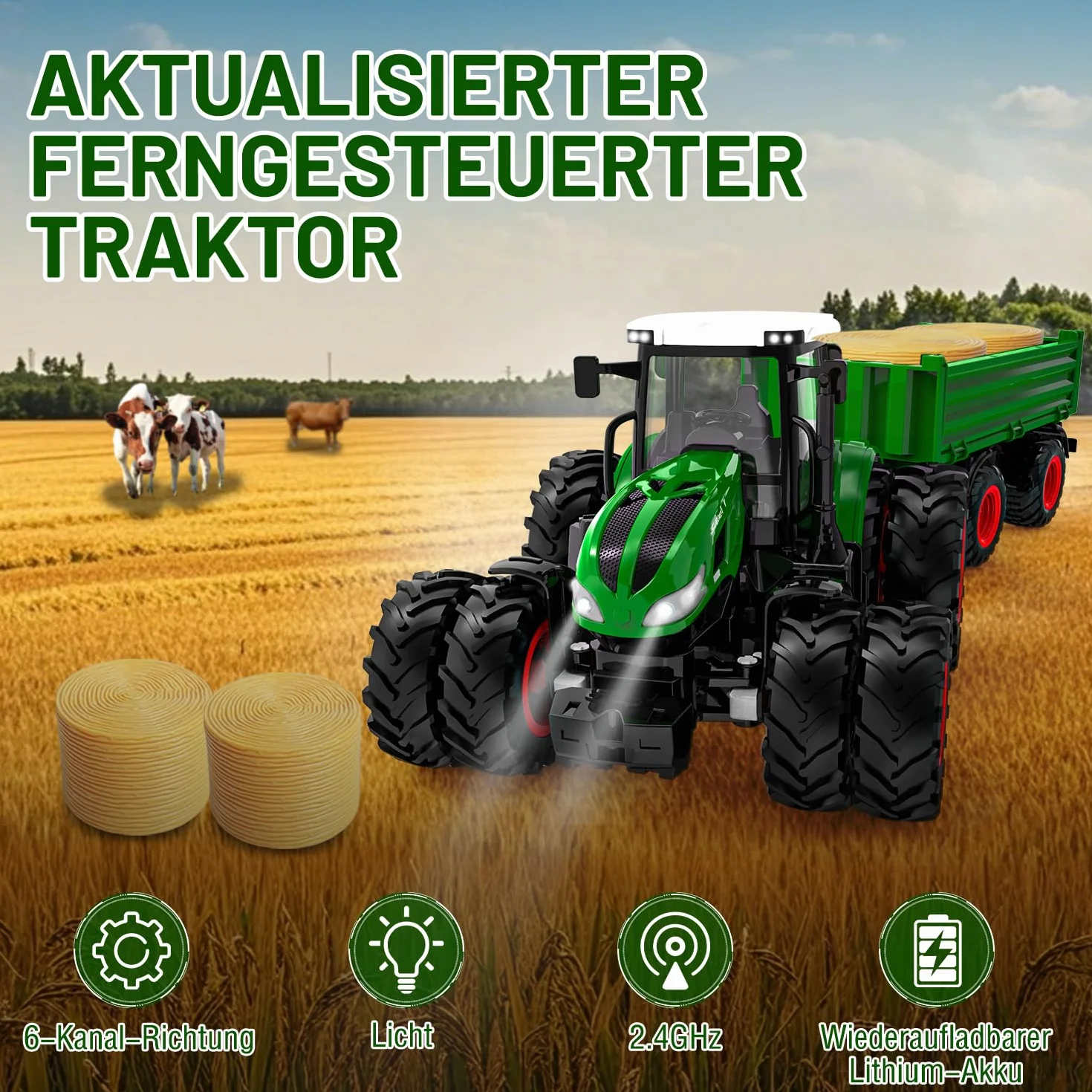 Zdalnie sterowany traktor, zabawka dla dzieci od 2 do 6 lat, traktor RC z przyczepą, ciągnik rolny ze światłami, prezent na Boże Narodzenie dla dzieci