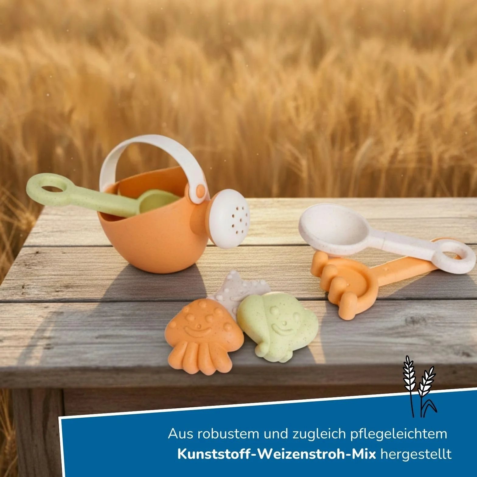 alldoro 60176 Moja pierwsza zabawka do piasku, 7-częściowa, zabawka plażowa z konewką, szufla, grabie, łyżka i 3 foremki do piasku, zestaw wiaderek z 7 elementami z mieszanki słomy pszenicznej, dzieci od 18 miesięcy