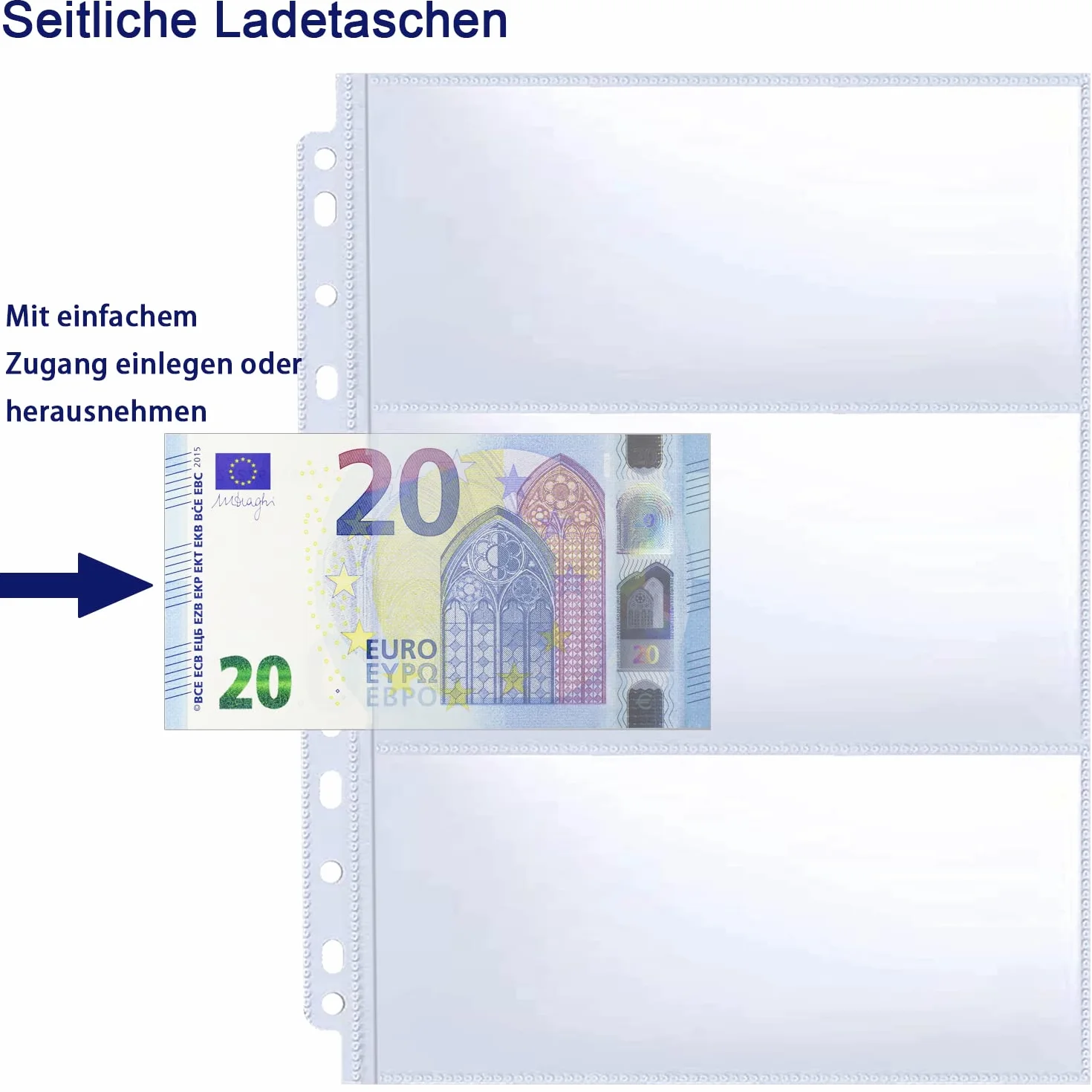 Opakowanie 30 etui na banknoty z 180 kieszeniami z 11 otworami, strona uzupełniająca do albumu do odbioru gotówki, dwustronne arkusze walut z 3 kieszeniami do odbioru euro, papierowe pieniądze