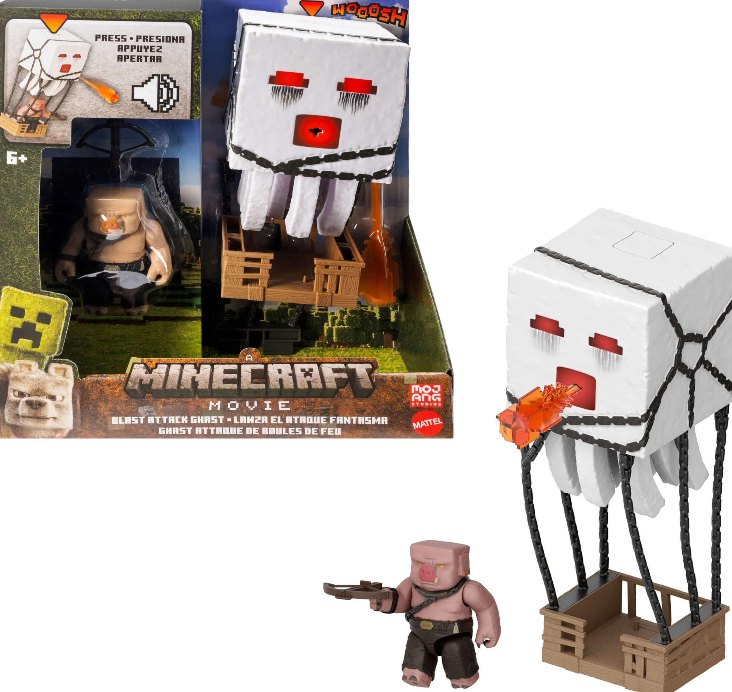 Mattel Minecraft Movie Atakujący Ghast z pociskiem Zestaw ze światłami, dźwiękami, wyrzutnią i pociskiem oraz figurka Piglin Wojownik, interaktywna zabawka inspirowana filmem, JFB69