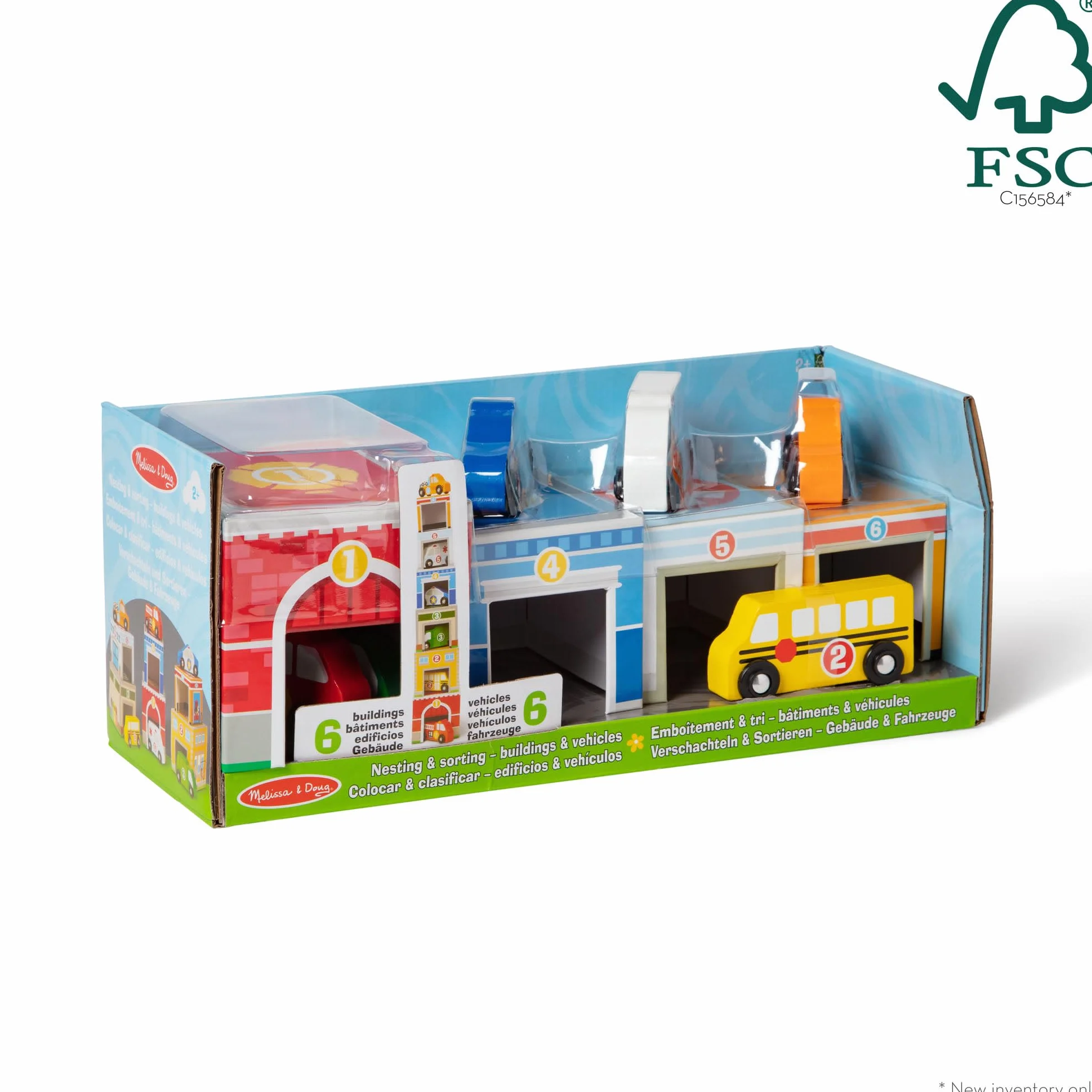 Melissa & Doug Nesting & Sorting Buildings & Vehicles, Wooden Toy & Trains, Trucks & Vehicles, 2+, Gift for Boy or Girl