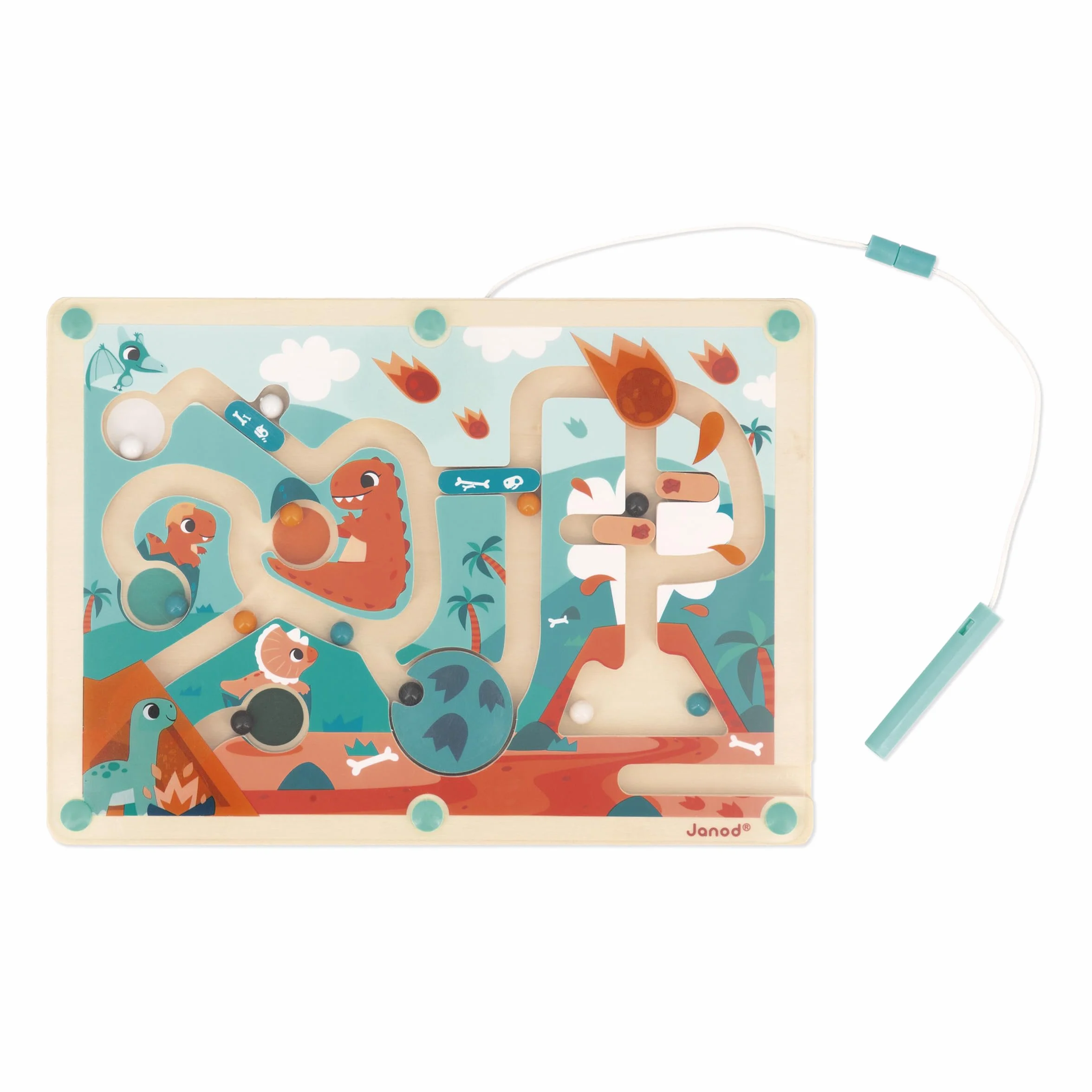 Janod - Labirynt magnetyczny z drewnianymi kulkami Dino - 12 kulek magnetycznych + rysik magnetyczny - nauka drobnej motoryki i koncentracji - rozmiar: 18 x 25 cm, począwszy od 2 lat