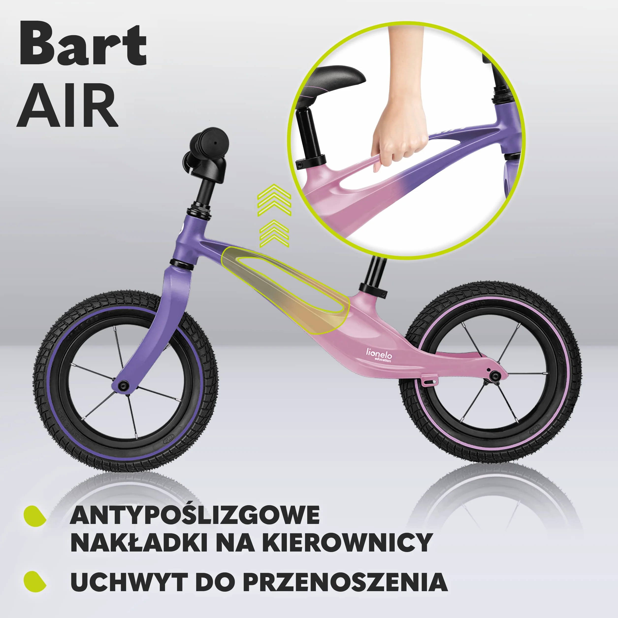 LIONELO Bart Air rowerek biegowy do 30kg, piankowe koła EVA, magnezowa rama, eko-skóra, wyprofilowany podnóżek, antypoślizgowe nakładki, uchwyt do przenoszenia, miękka struktura