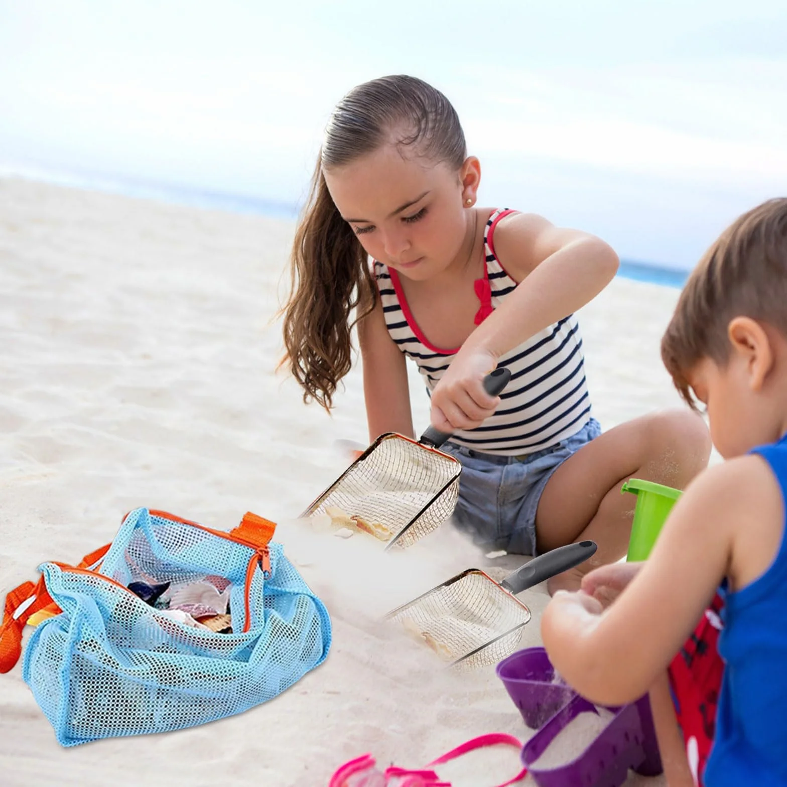Łopata do piasku dla dzieci, z torbą plażową, torba na zabawki do piasku, torba do kolekcjonowania, metalowa szufla filtrująca, zabawka plażowa dla chłopców i dziewczynek, zbieranie muszli