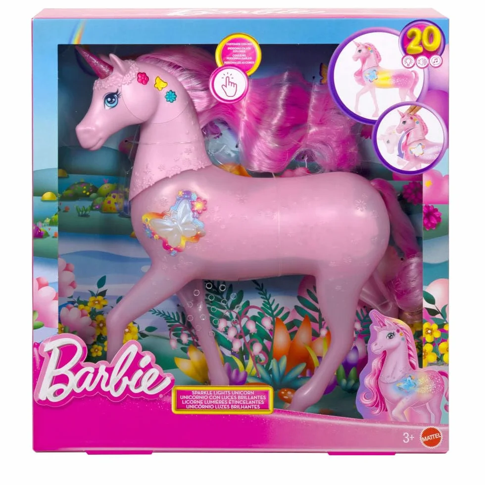 Barbie Magiczny jednorożec Baśniowe światełka Interaktywna zabawka jednorożec z 20 kombinacjami światełek, dźwięków i muzyki, zabawa aktywowana naciskaniem przycisków i głowy, JCP78