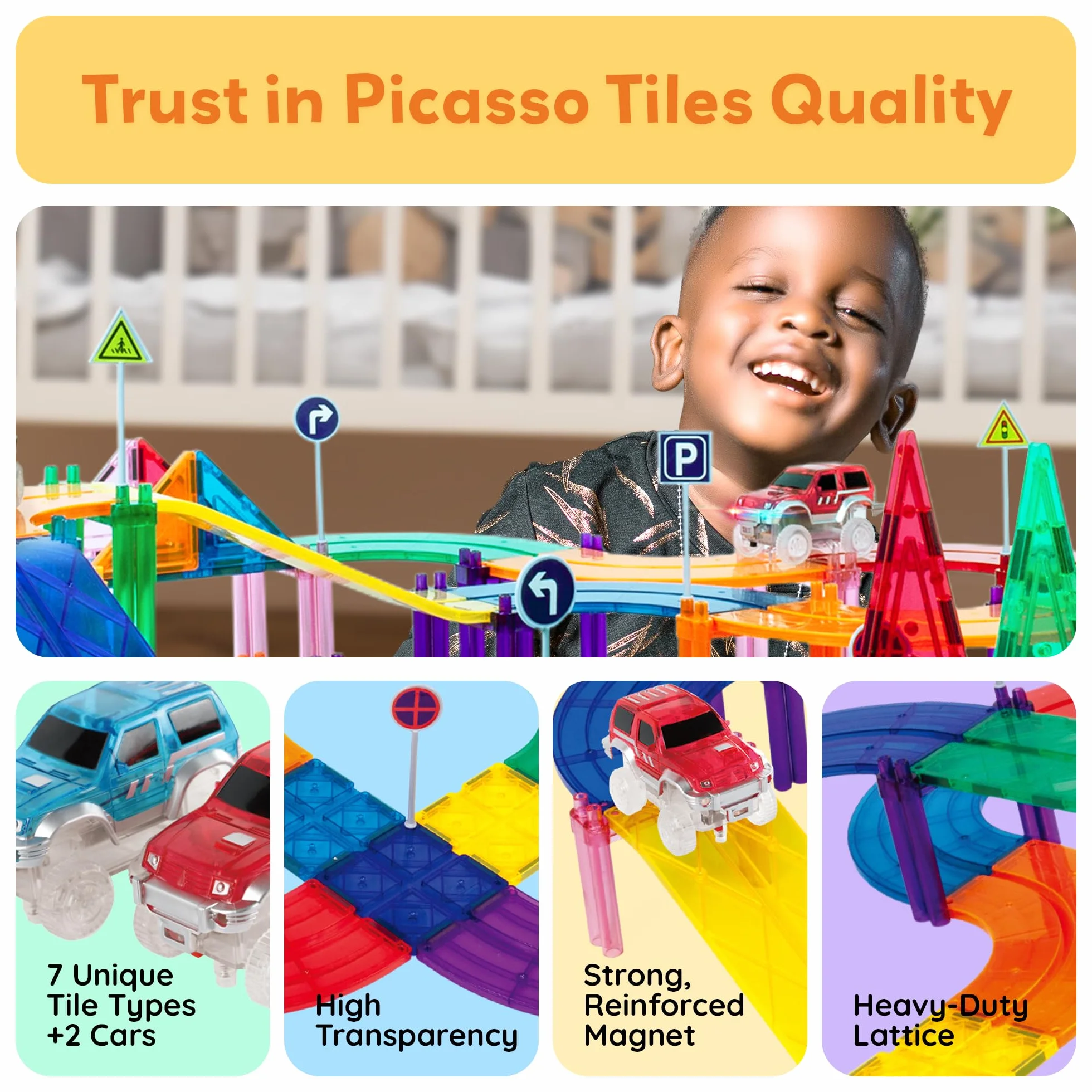 PicassoTiles Zestaw 128 magnetycznych zabawek wyścigowych dla dzieci, w zestawie 3 diody LED, do wyścigów wyścigowych, w wieku 3 lat