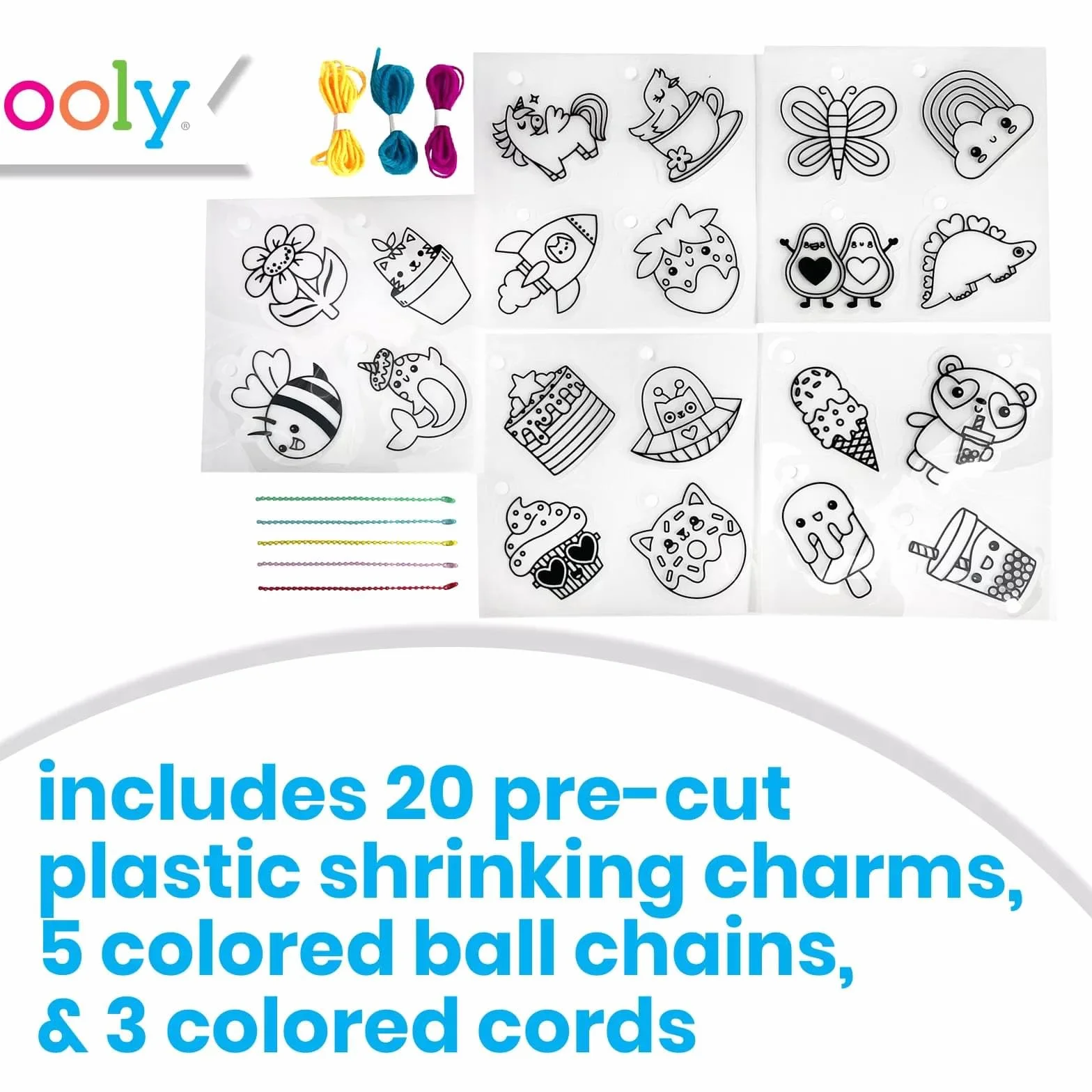 Ooly Shrink-Its 28-częściowy zestaw artystyczny DIY, kurczący się wisiorek, zawiera 20 plastikowych wstępnie wyciętych zawieszek i nie tylko, sztuka bez bałaganu dla dzieci, prezenty DIY dla dzieci
