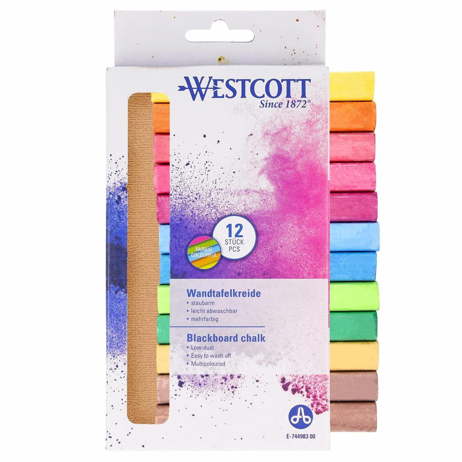 Westcott Kreda kolorowa, 12 sztuk, 12 sztuk w opakowaniu 1,2 cm, w jaskrawych kolorach, odporna na kurz i łatwa do czyszczenia, E-744983 00