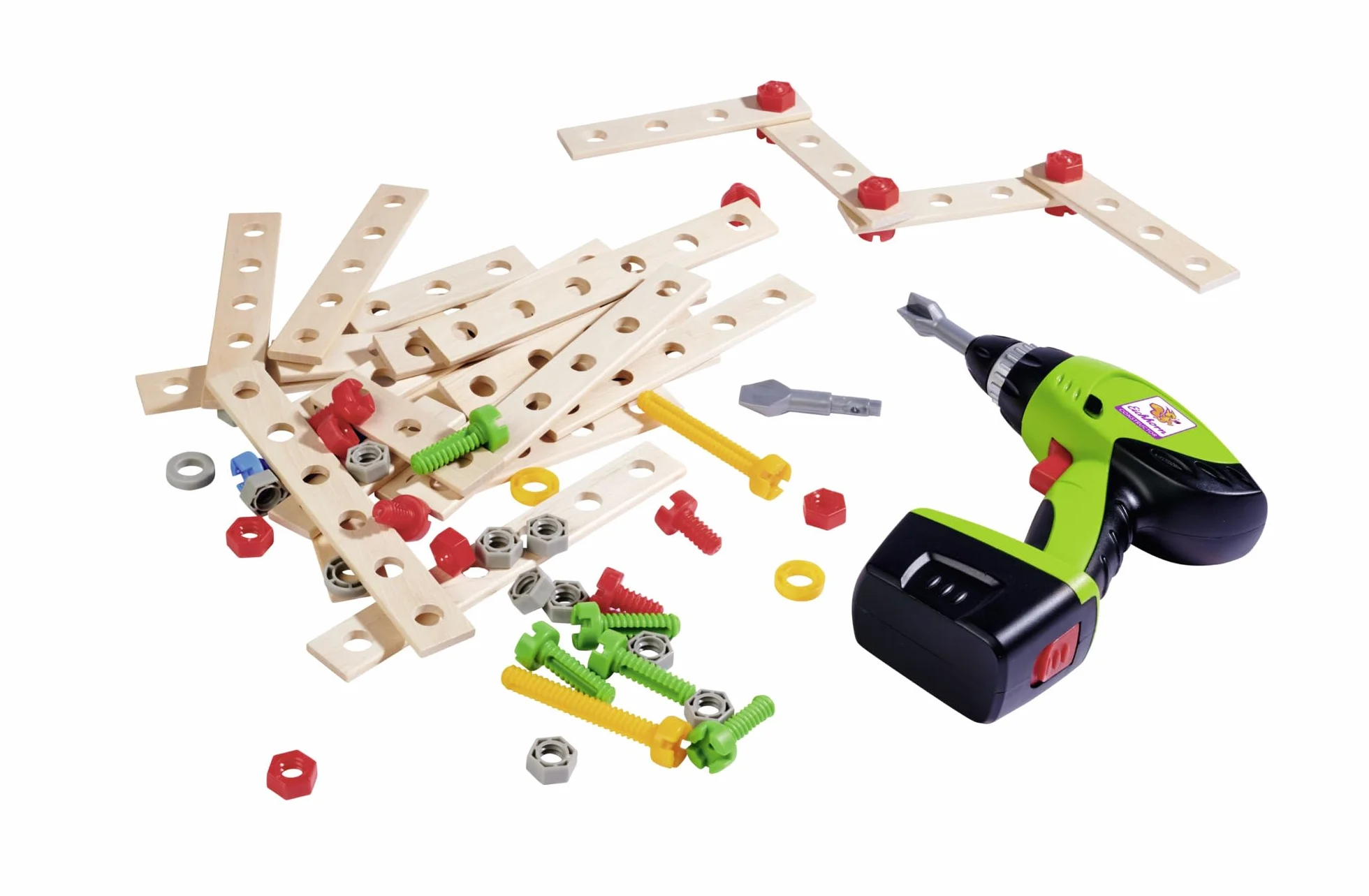 Eichhorn Constructor 100039079 Skrzynka narzędziowa z drewnianymi listwami do wkręcania śrubek, klocki konkstrukcyjne, śrubokręt dla dzieci, 70 elementów, 29x16x11 cm, FSC®100%, dla dzieci od 3 lat