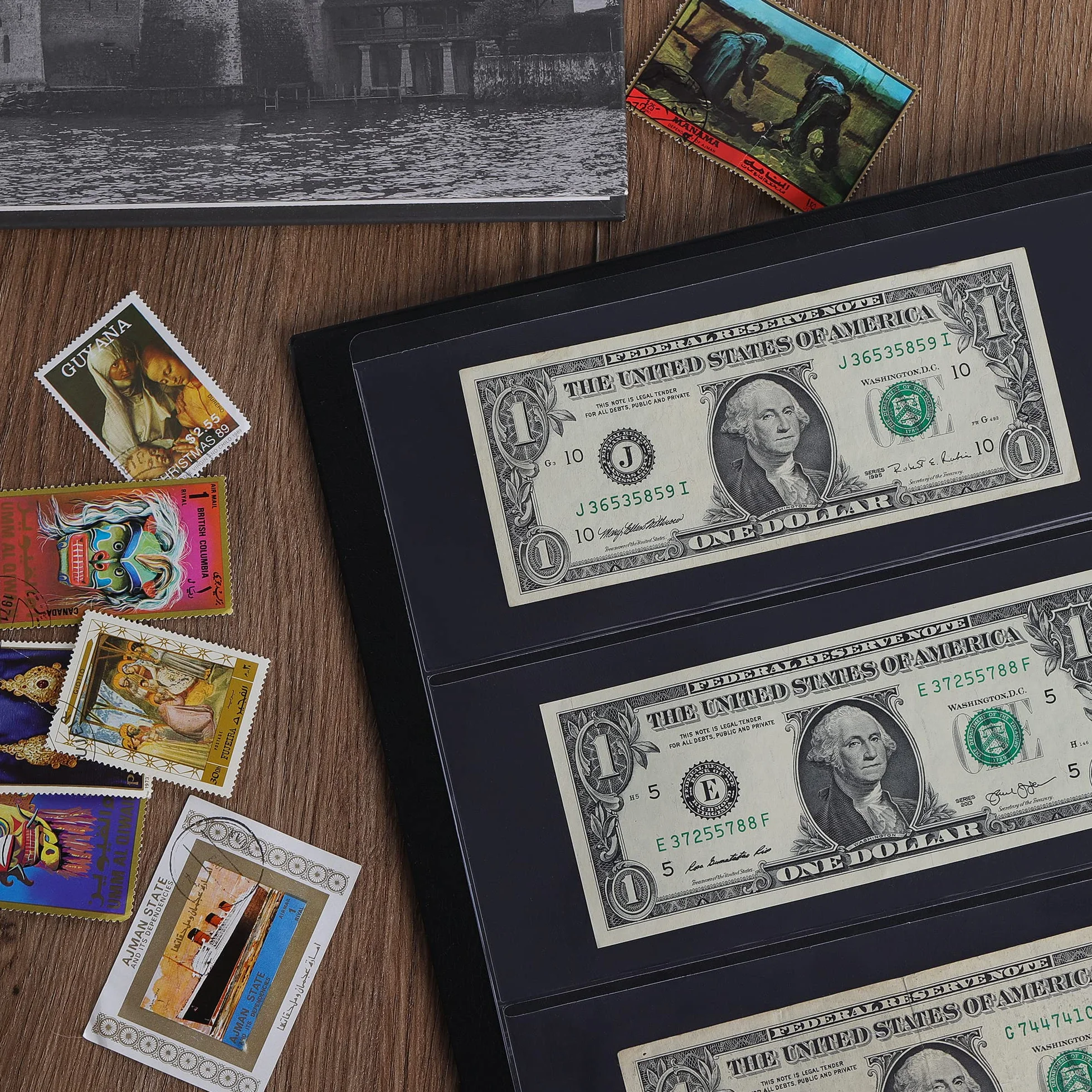 Album na pieniądze z 60 kieszeniami – 19,6 cm x 8,1 cm uchwyt na banknoty ze sztucznej skóry twarda okładka książka do przechowywania z ochronnym etui na papier składany pieniądze dolary banknoty