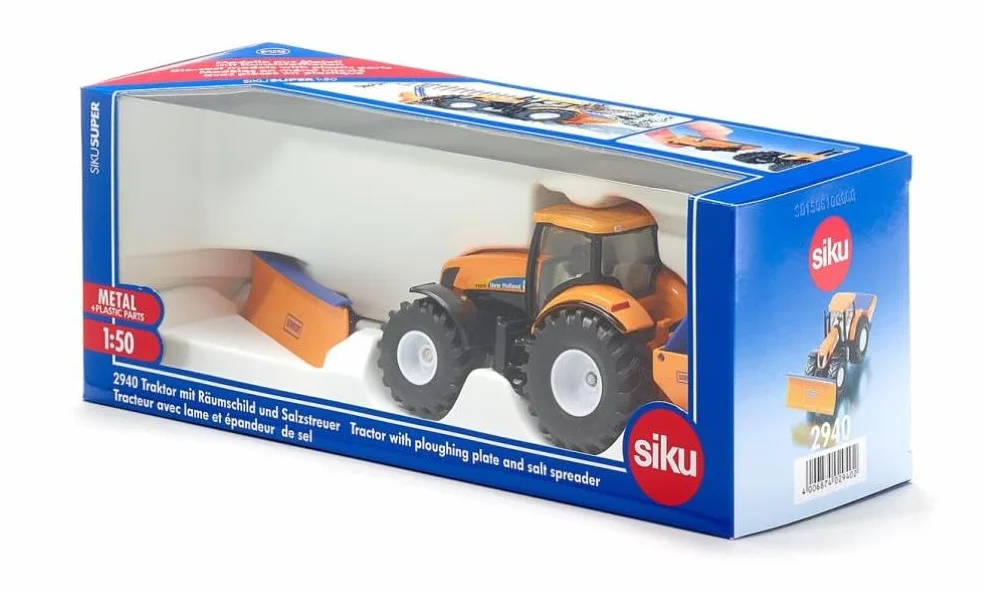 Siku 2940, Ratrak z pługiem śnieżnym i płytą dociskową, 1:50, Metal,Tworzywo sztuczne, Pomarańczowy,Niebieski, Odłączane elementy