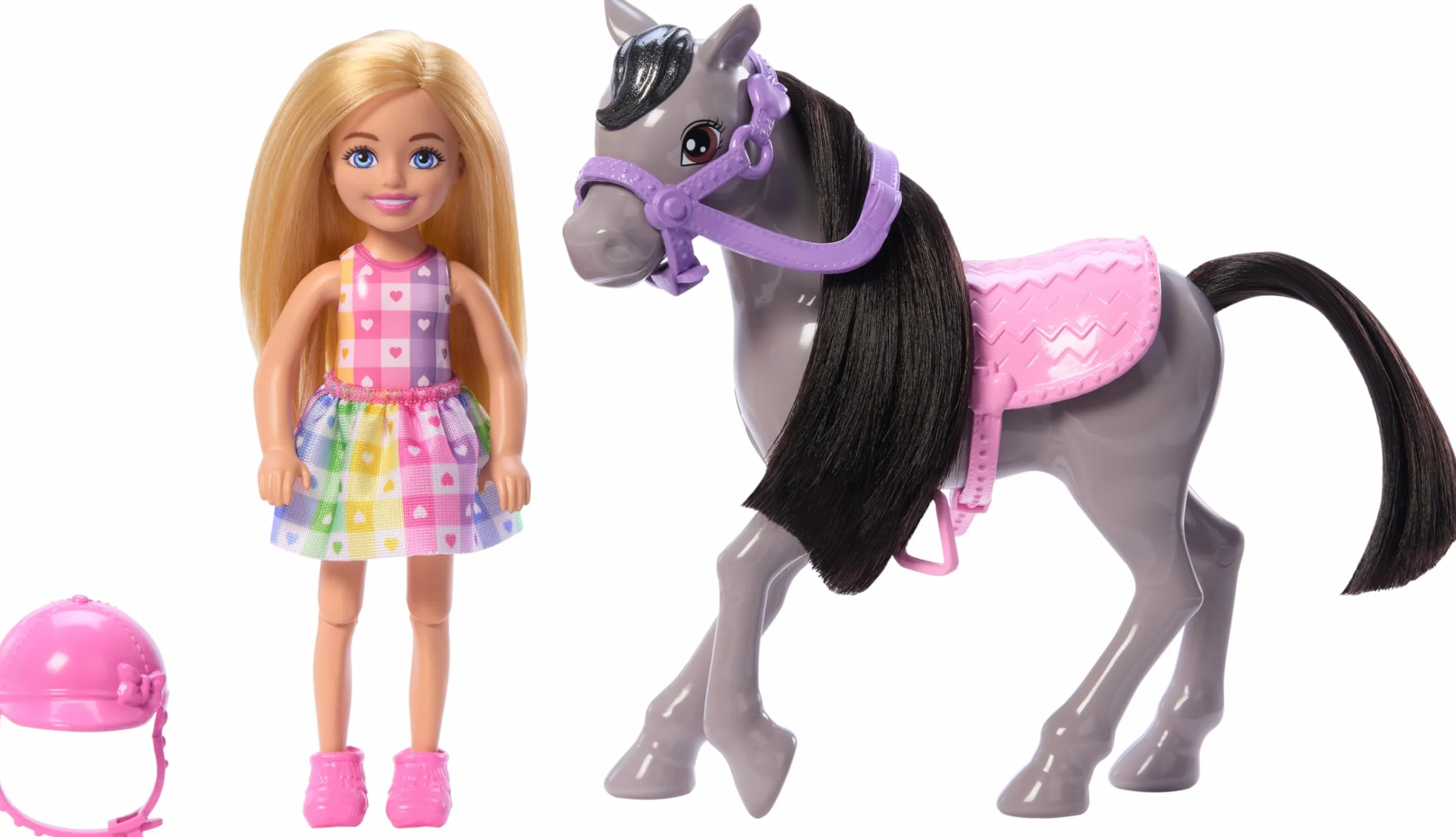 Barbie Chelsea Lalka + kucyk, toczek i siodło, lalka ma zginane nogi, aby móc „jeździć” na szarym kucyku, HTK29