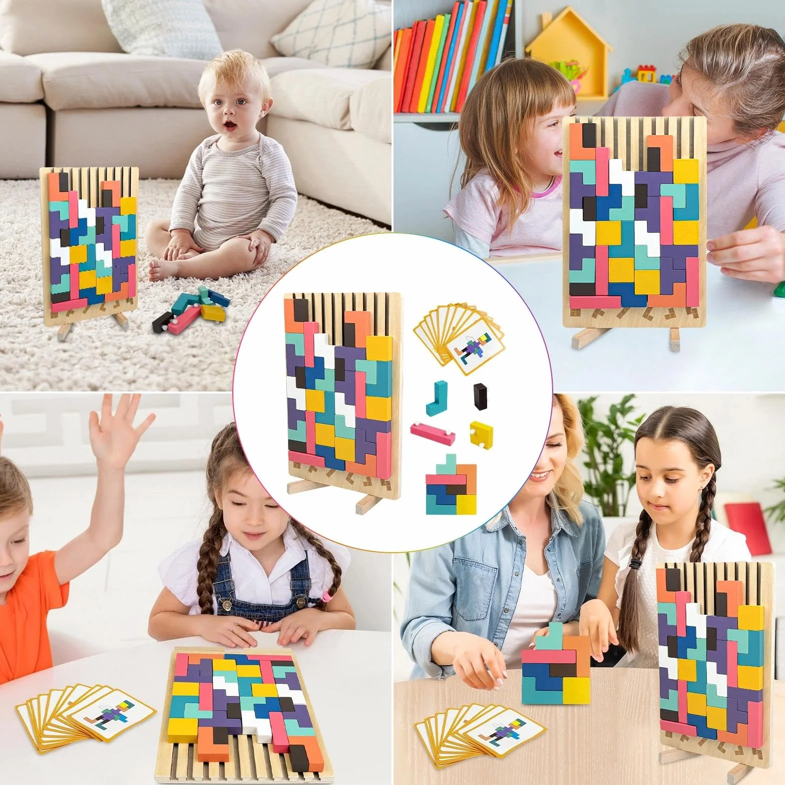 Drewniane puzzle Tetrs, geometryczne bloki