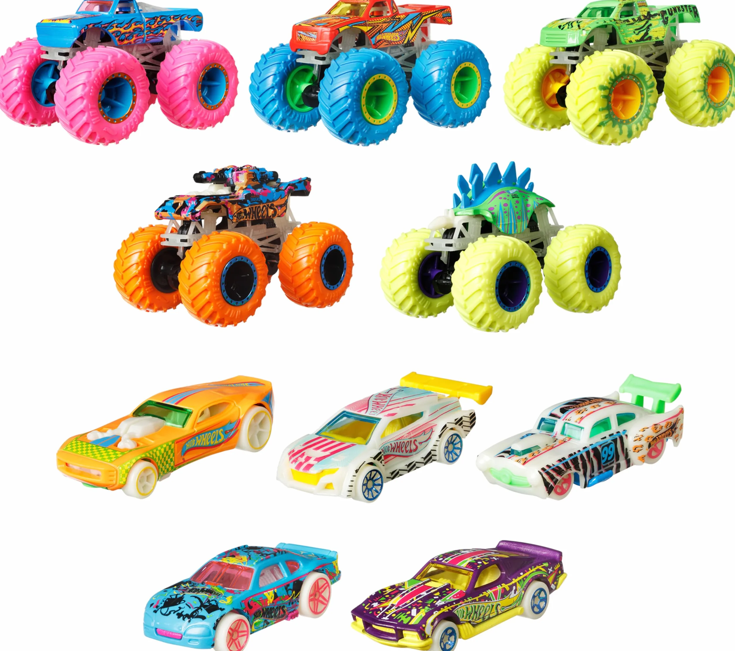 Hot Wheels Monster Trucks Wielopak Z Efektem Świecenia W Ciemności 10 pojazdów Skala 1:64 Hcb57