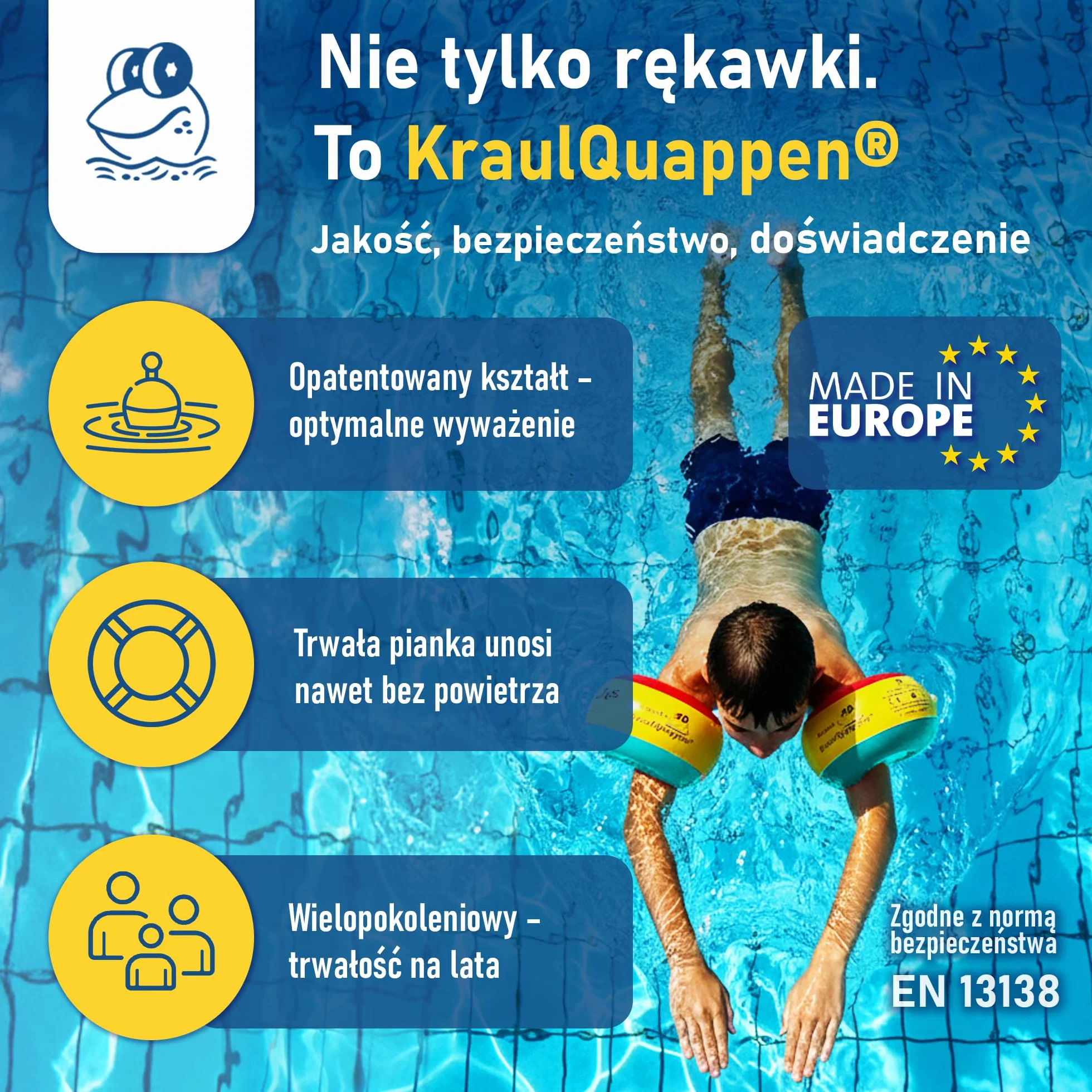Cherek’s KraulQuappen Rękawki do nauki pływania dla młodzieży i starszych dzieci do 60 kg – duży otwór na ramię – rękawki wypornościowe z rdzeniem piankowym