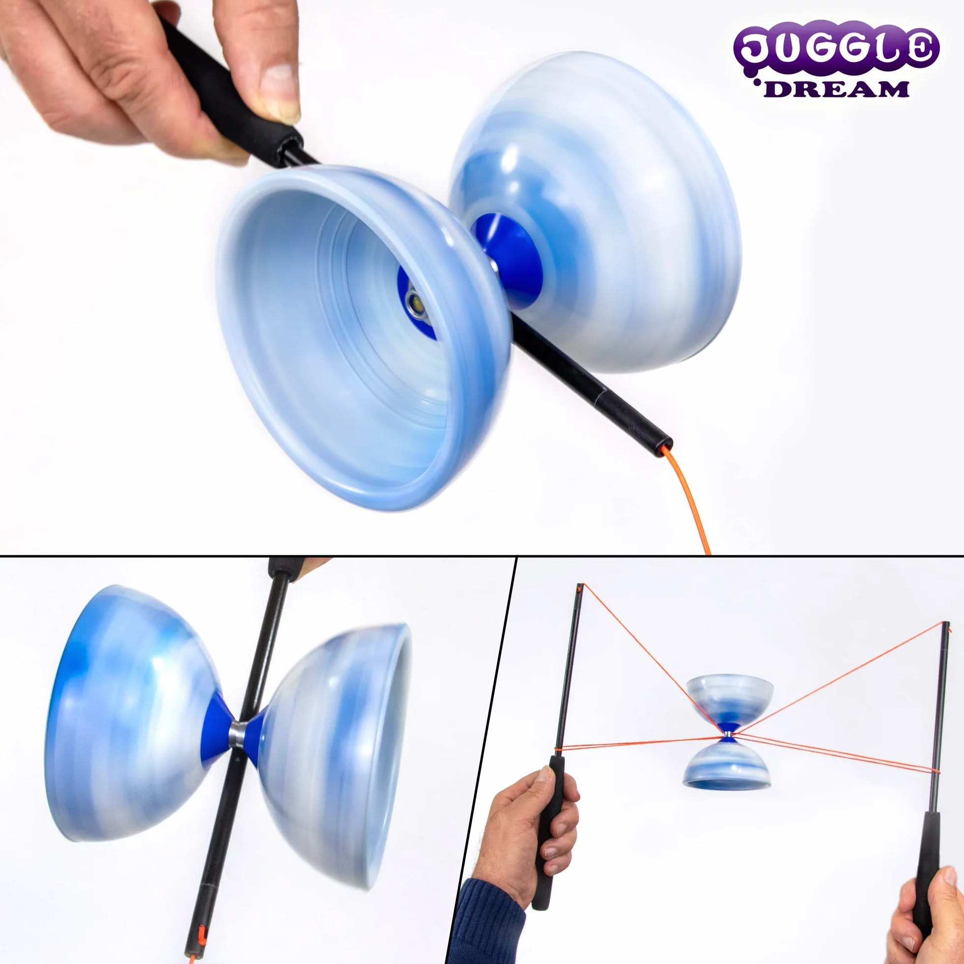 Juggle Dream Jester Diabolo Zestaw do żonglerki na mocnej osi, profesjonalny diabolo z pałeczkami ze szkła superszklanego, niebieska/biała
