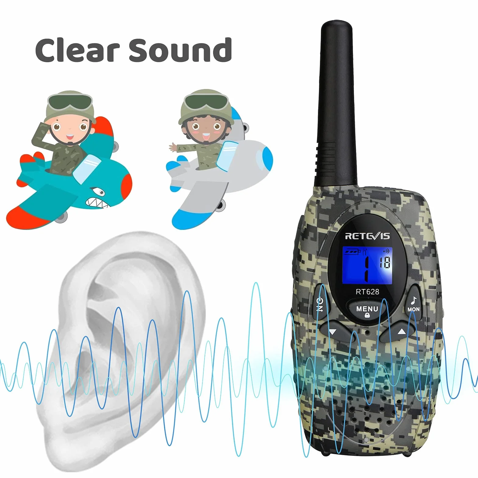 Retevis RT628 krótkofalówka dla dzieci, duży zasięg, prosta obsługa PMR446, zabawka dla dzieci w wieku od 3 do 12 lat, Spy Gear, podróże (1 para, kamuflaż)