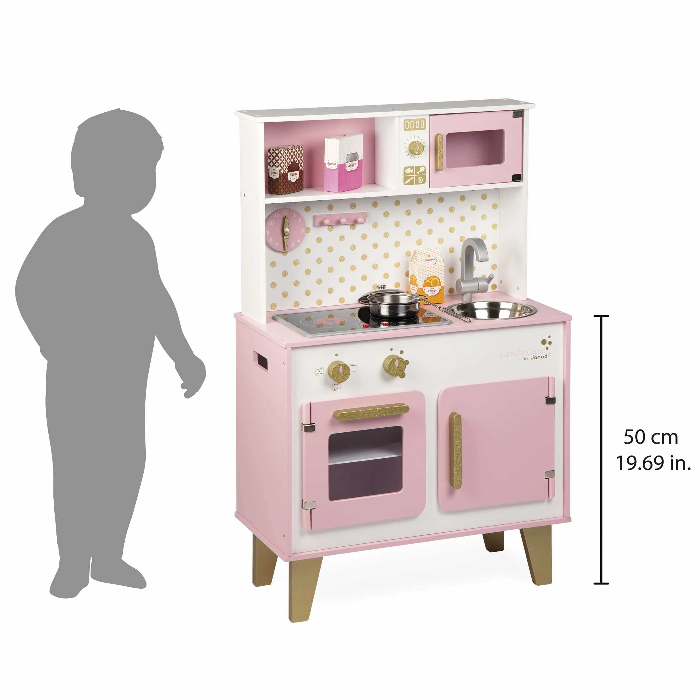 Janod - Candy Chic Big Wooden Cooker for Children - Equipped with Fridge and Microwave, Sound and Light - Pretend Play - 6 Accessories Included - For children from the Age of 3, J06554, Pink and White