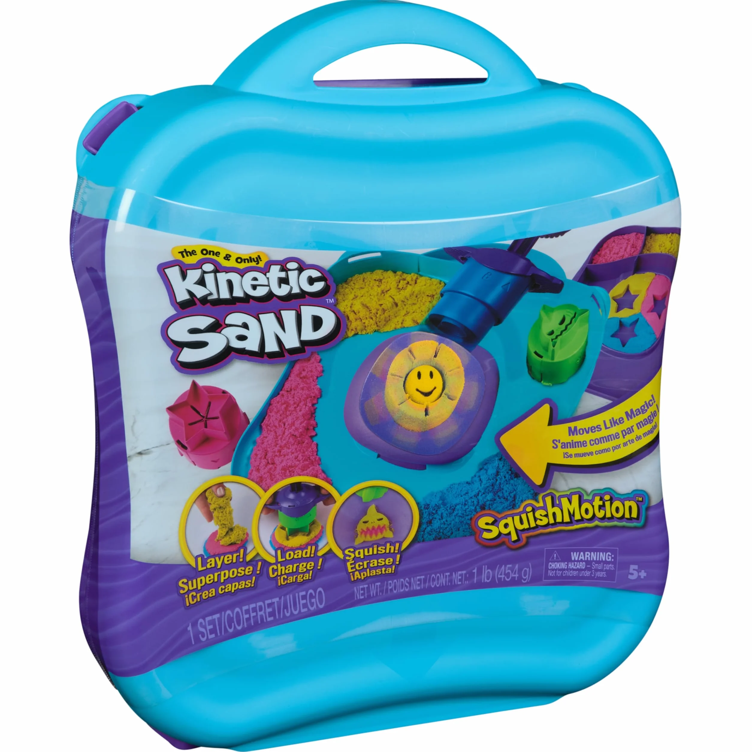 Kinetic Sand, SquishMotion Playset z 1lb Różowy, Żółty, Niebieski Piasek do zabawy, Stamper i 5 narzędzi, Etui do przechowywania wielokrotnego użytku, Zabawki sensoryczne dla dzieci w wieku 5+