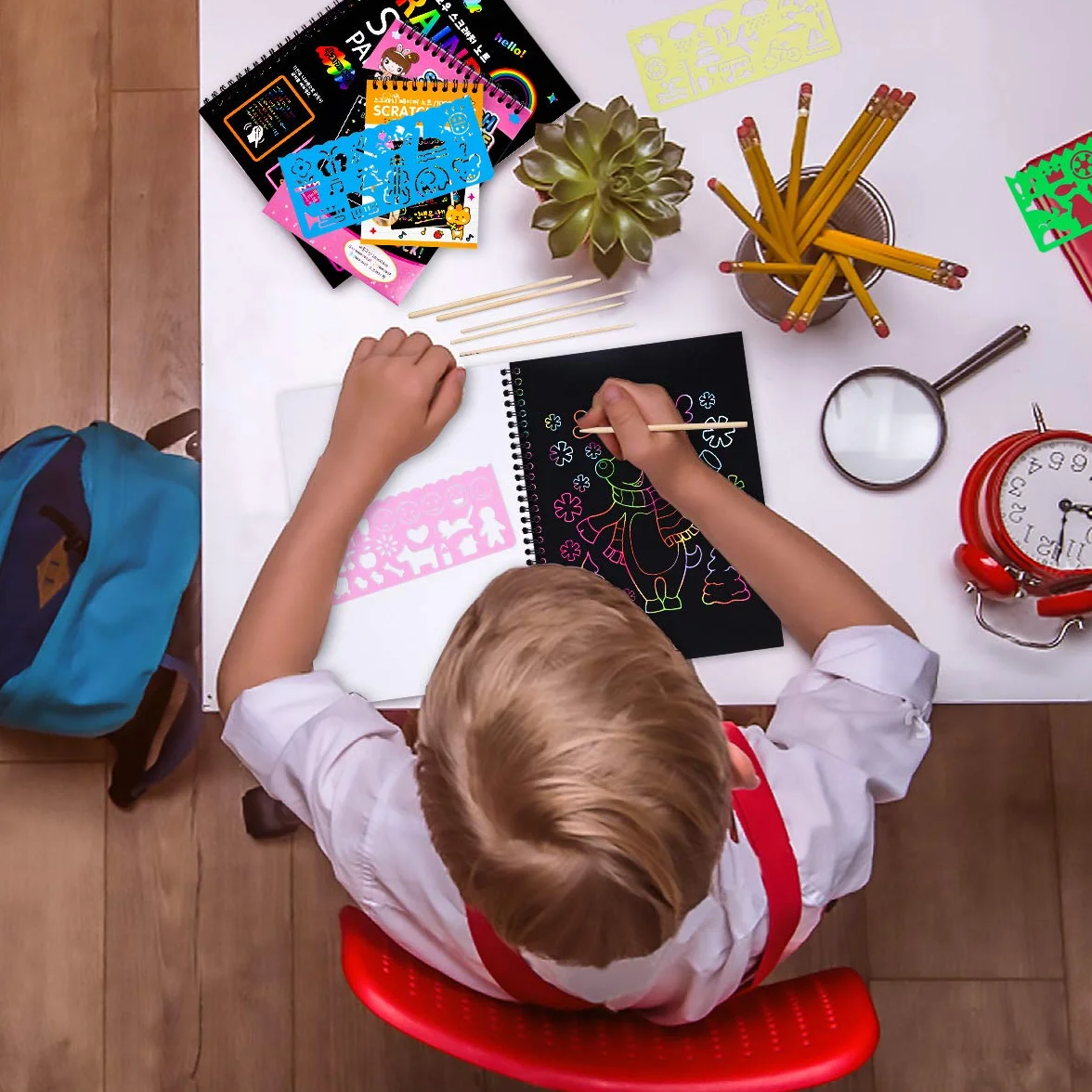 MELLIEX Scratch Art Notes per Bambini, Set di 3 Blocchi da Disegno Arcobaleno con 6 Penne e 4 Righelli
