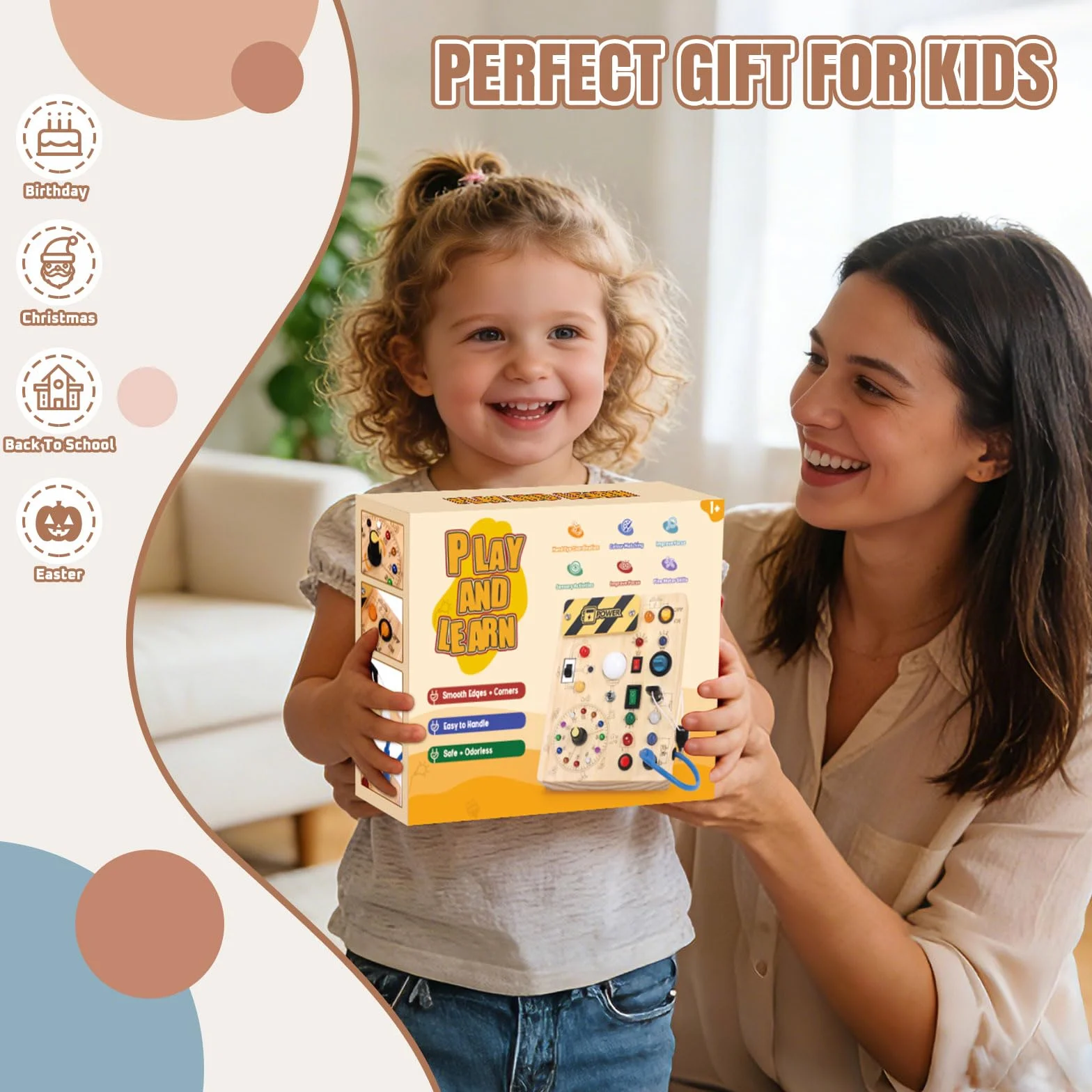 Busy Board Montessori zabawka od 1 roku życia, drewniana zabawka motoryczna, zabawka edukacyjna z 10 przełącznikami i 23 diodami LED dla małych dzieci, prezent dla chłopców i dziewczynek, 1, 2, 3 lata