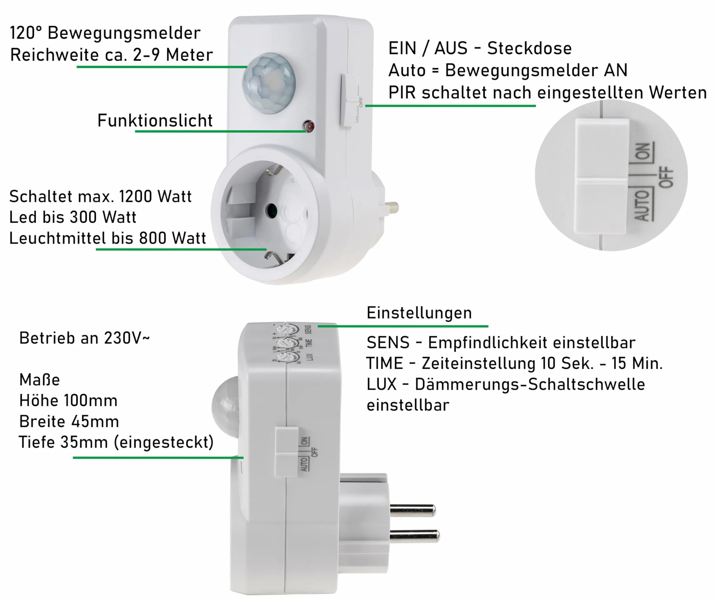 ChiliTec 21055_SML Wtyczka z Czujnikiem Ruchu 120, 1200 W, 230 V, Biały