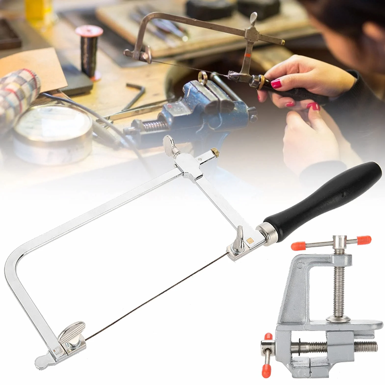 Jewlers Saw Frame, 12 Blades Jubilerzy Sawbow Saw Frame Mini Imadło Stołowe Zestaw Biżuterii z Zaciskiem Tworzenie Biżuterii DIY Narzędzie Rzemieślnicze Jubilerzy Sawbow Saw Frame Coping Saw Frame