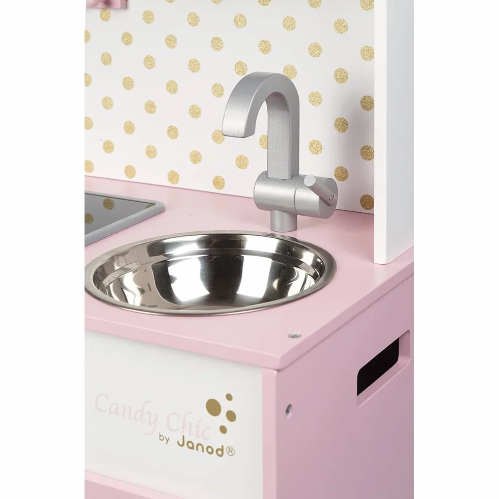 Janod - Candy Chic Big Wooden Cooker for Children - Equipped with Fridge and Microwave, Sound and Light - Pretend Play - 6 Accessories Included - For children from the Age of 3, J06554, Pink and White